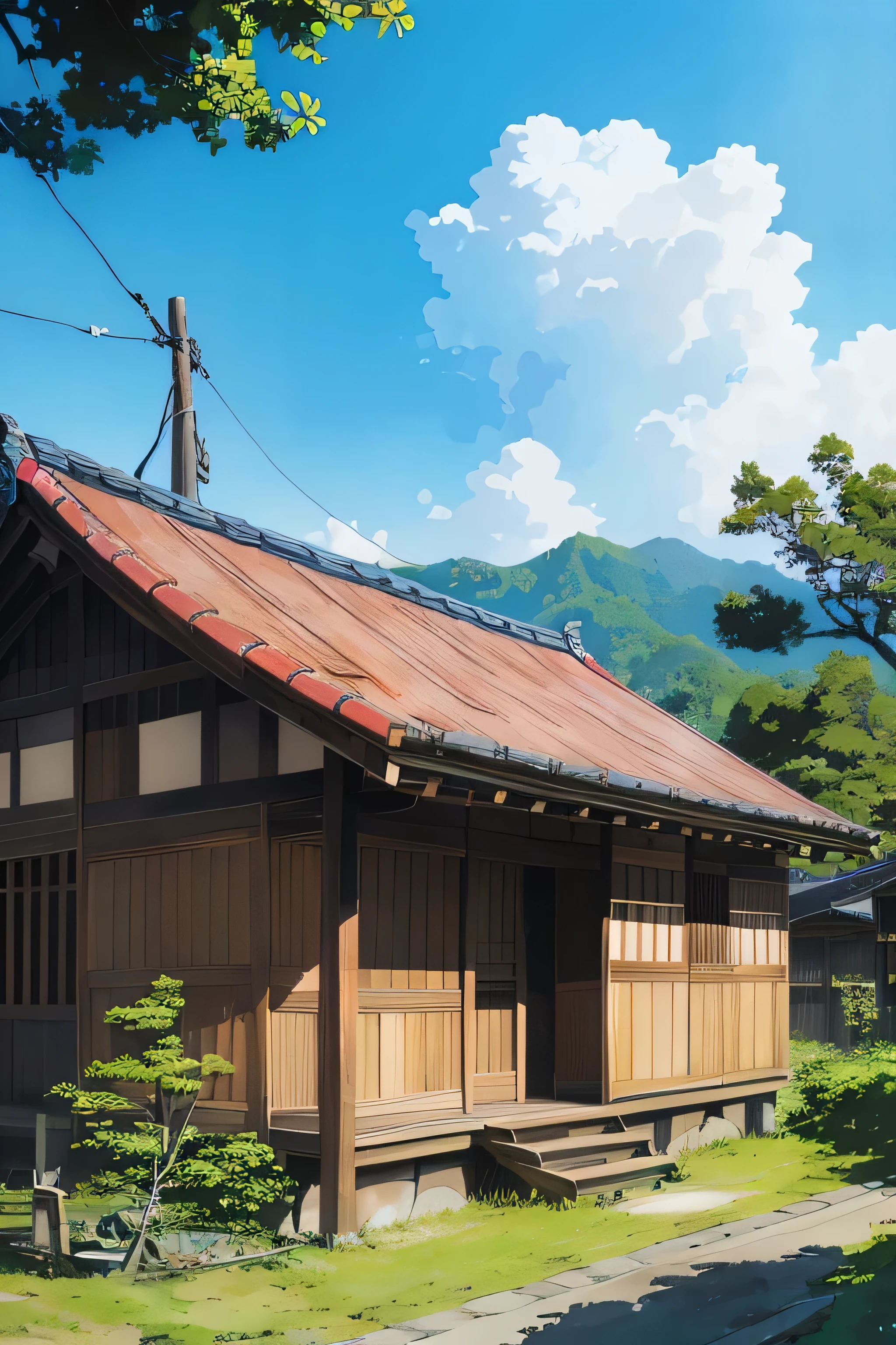 low angles、wide-angle lens、Old Japan house、old wooden house、country、Wide blue sky、Anime Background