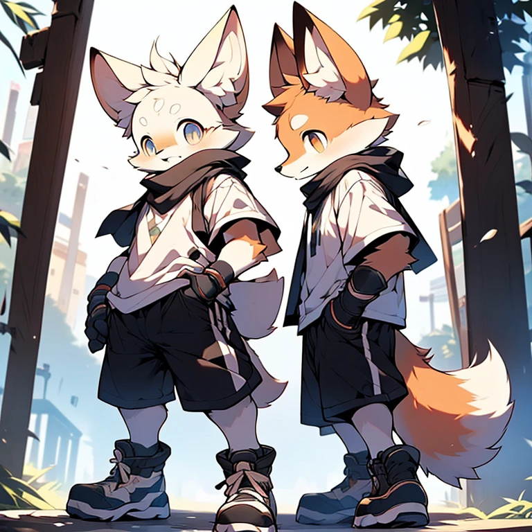boy,Fennec fox ,Black pupils,short ponvtail,Dwarf,Wearing a black scarf,Wear sports gloves,Wear white short sleeves and black shorts,Wear sneakers,systemic,Young,adolable,The is standing,Sideways,Head slightly sidewayackdrop