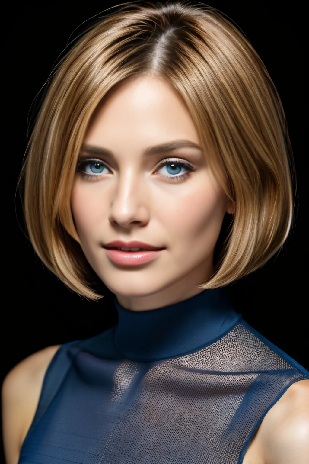 masutepiece, Best Quality, Photorealsitic, Ultra-detailed, finely detail, hight resolution, in 8K, bionde, One 30-year-old woman, stylish bob haircut, perfect hand, perfect fingers, A detailed face, detailed lips, Detailed nose, detailed skin textures, see-through blue dress,