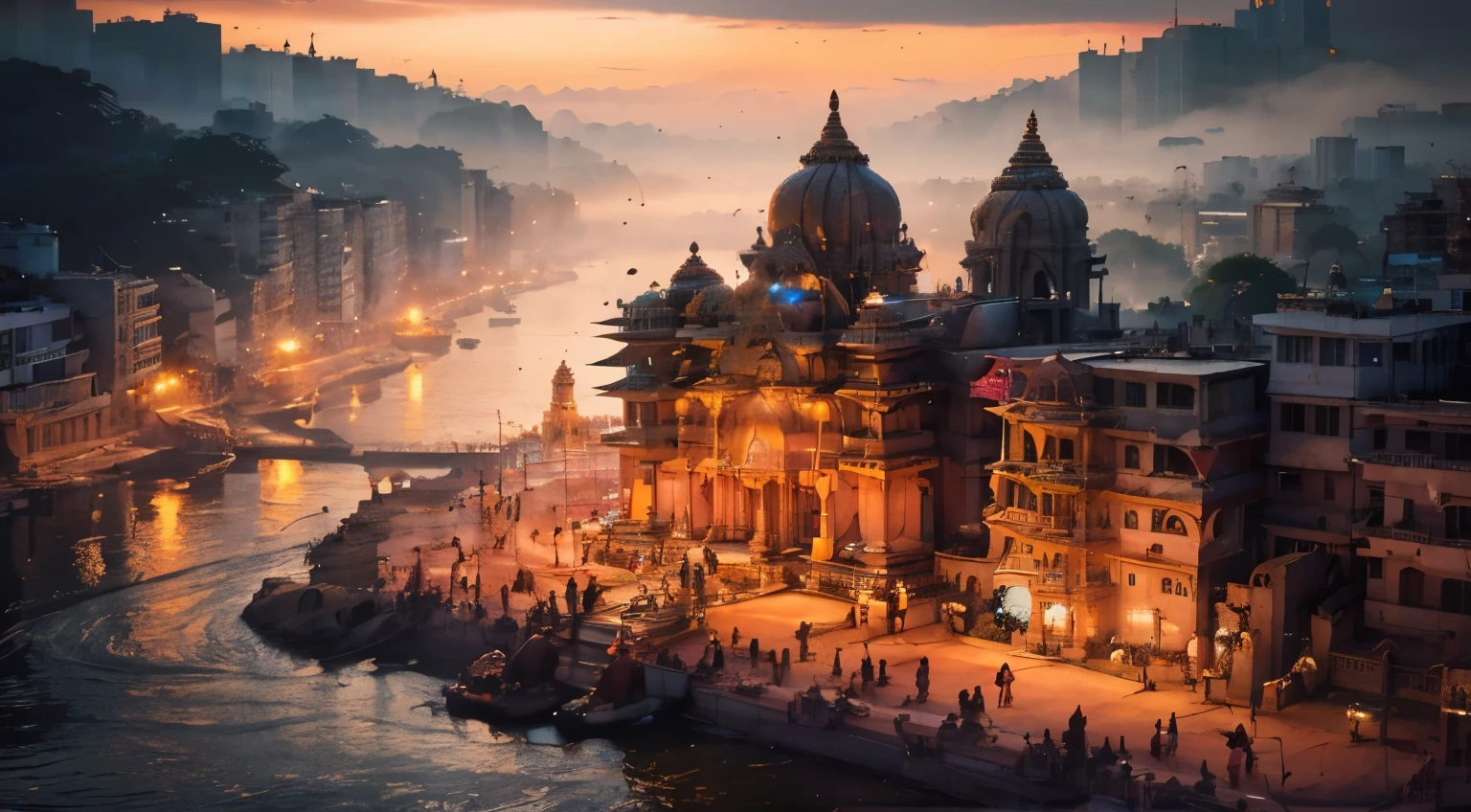 View of a city with a river and some buildings, indian temple, super crowded place, many people, thousands of people, aesthetic Hindu aesthetic, Shiny temple in the distance, India, Unsplash contest winning photo, beautiful place, by beeple, Andreas Style Rocha, Pexels contest winner, artem demura beep, beep. hyperrealism, beep |
