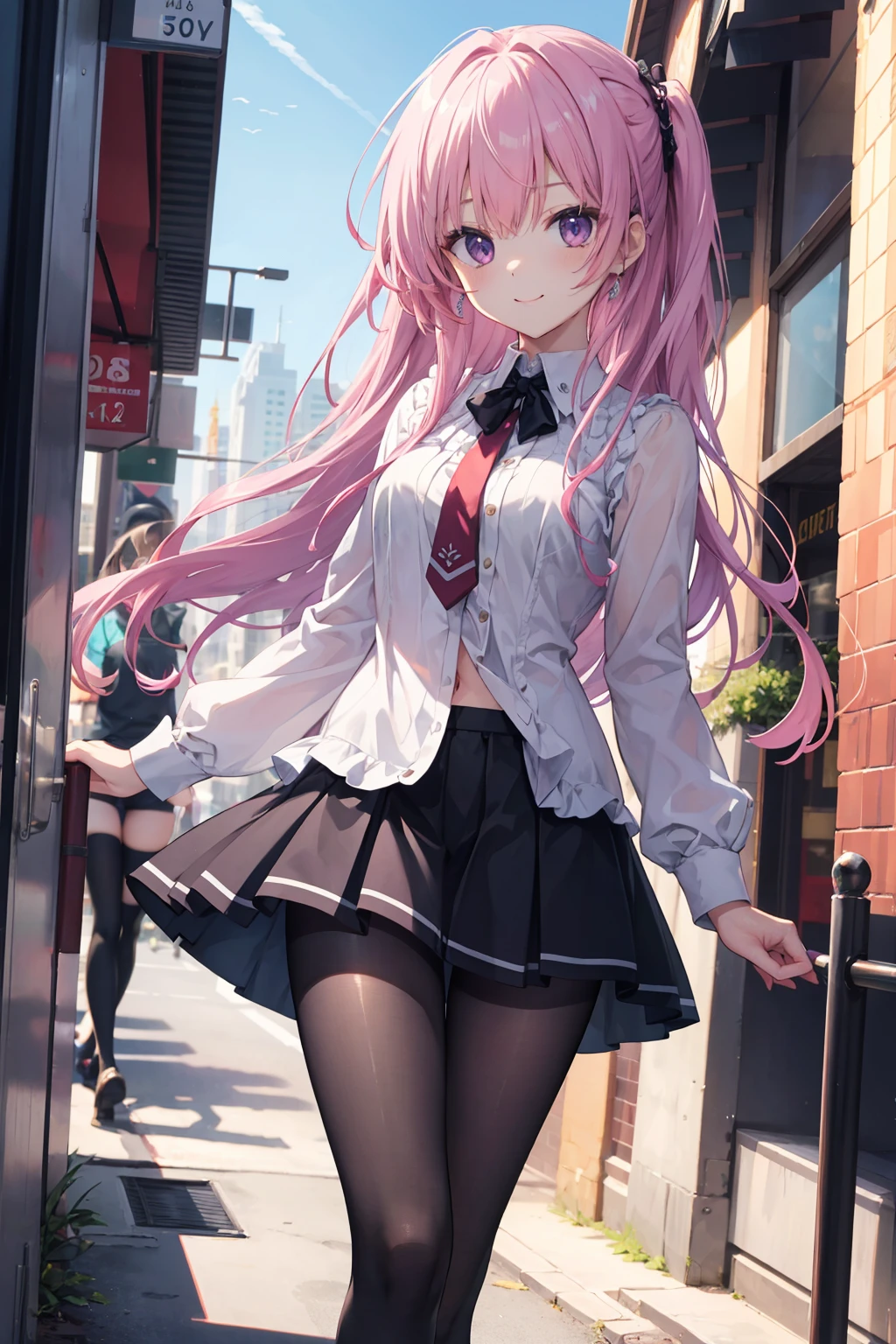 Purple eye，167cm height，55cm bust，RAW photogr, Camera gaze, ((quality, 8K, tmasterpiece: 1.3)), Focus sharp: 1.2, white  shirt, black short skirt，nifty features, The best smile, adorable smile, Beautiful Woman with Perfect Style: 1.4, Slim abs: 1.2, mitsukasa ayase,Purple eye，Pink medium long hair， Smaller,, (natural soft light, the city street: 1.1), Highly Detailed Face and Skin Textur, black pantyhoses，7 figures