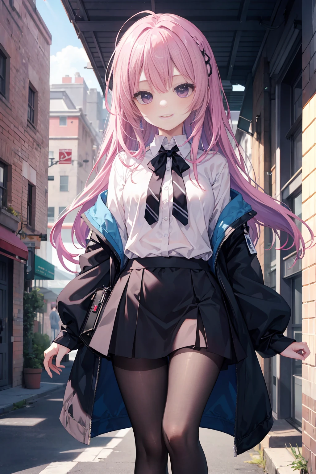 Purple eye,167cm height,55cm bust,RAW photogr, Camera gaze, ((quality, 8K, tmasterpiece: 1.3)), Focus sharp: 1.2, white shirt, black short skirt,nifty features, The best smile, adorable smile, Beautiful Woman with Perfect Style: 1.4, Slim abs: 1.2, mitsukasa ayase,Purple eye,Pink medium long hair, Smaller,, (natural soft light, the city street: 1.1), Highly Detailed Face and Skin Textur, black pantyhoses,7 figures