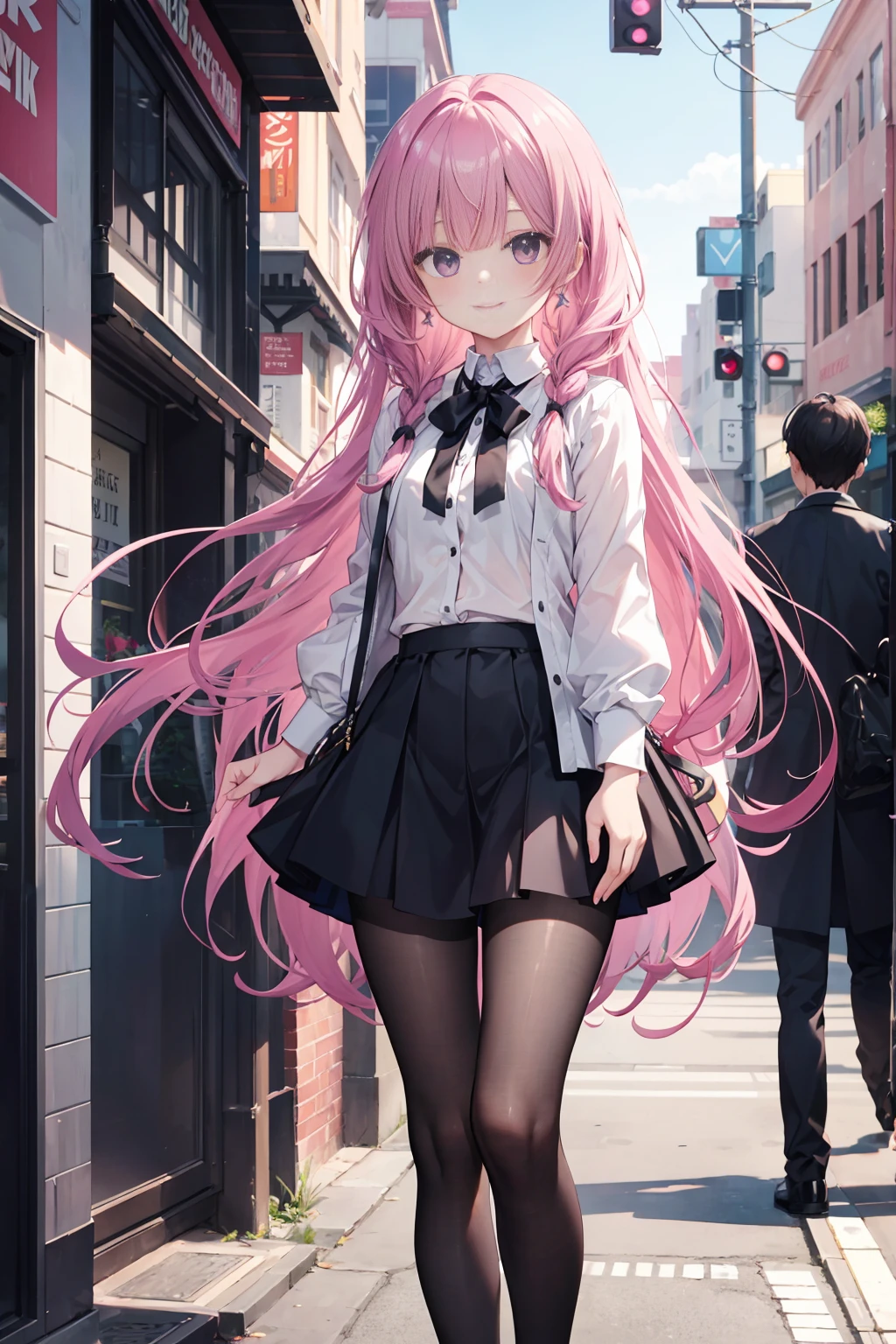 Purple eye，167cm height，55cm bust，RAW photogr, Camera gaze, ((quality, 8K, tmasterpiece: 1.3)), Focus sharp: 1.2, white  shirt, black short skirt，nifty features, The best smile, adorable smile, Beautiful Woman with Perfect Style: 1.4, Slim abs: 1.2, mitsukasa ayase,Purple eye，Pink medium long hair， Smaller,, (natural soft light, the city street: 1.1), Highly Detailed Face and Skin Textur, black pantyhoses，7 figures