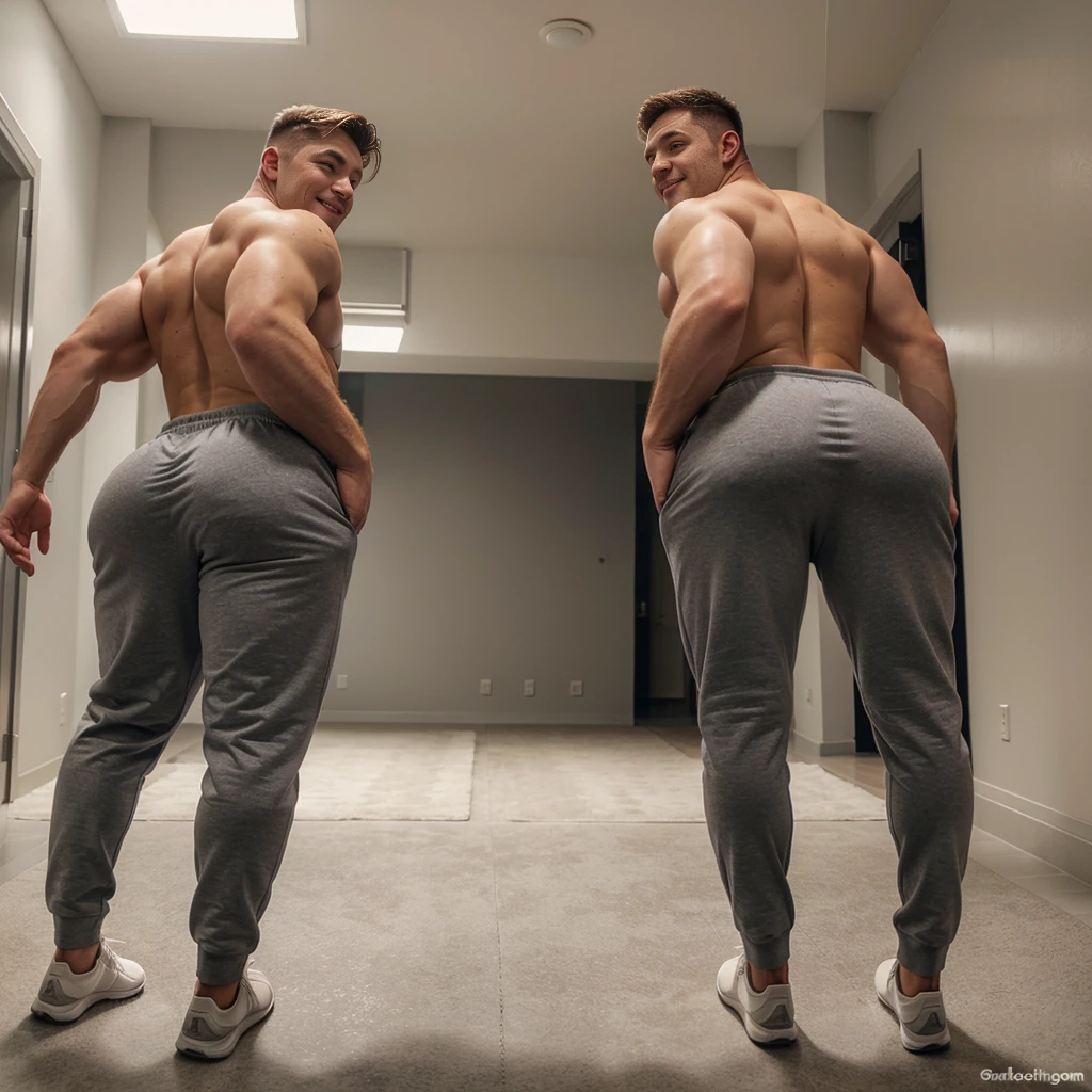 Two college guys, muscular, jocks, athletic, shirtless, ginger, wearing grey sweatpants, big butt, huge ass, comically massive ass, bubblebutt, thick, thicc, thick ass, thick legs, thick thighs, huge butt cheeks, ass huge, showing butt to camera, smiling, looking back at camera, big booty, boy booty, men with huge butts, men in grey sweatpants, showing off ass, absolutely massive butt, enormous ass cheeks in grey sweatpants, full ass, wide ass, round ass, tight sweatpants, abnormally huge butt, unrealistically massive ass, Giant butt cheeks, giant butt, giant ass