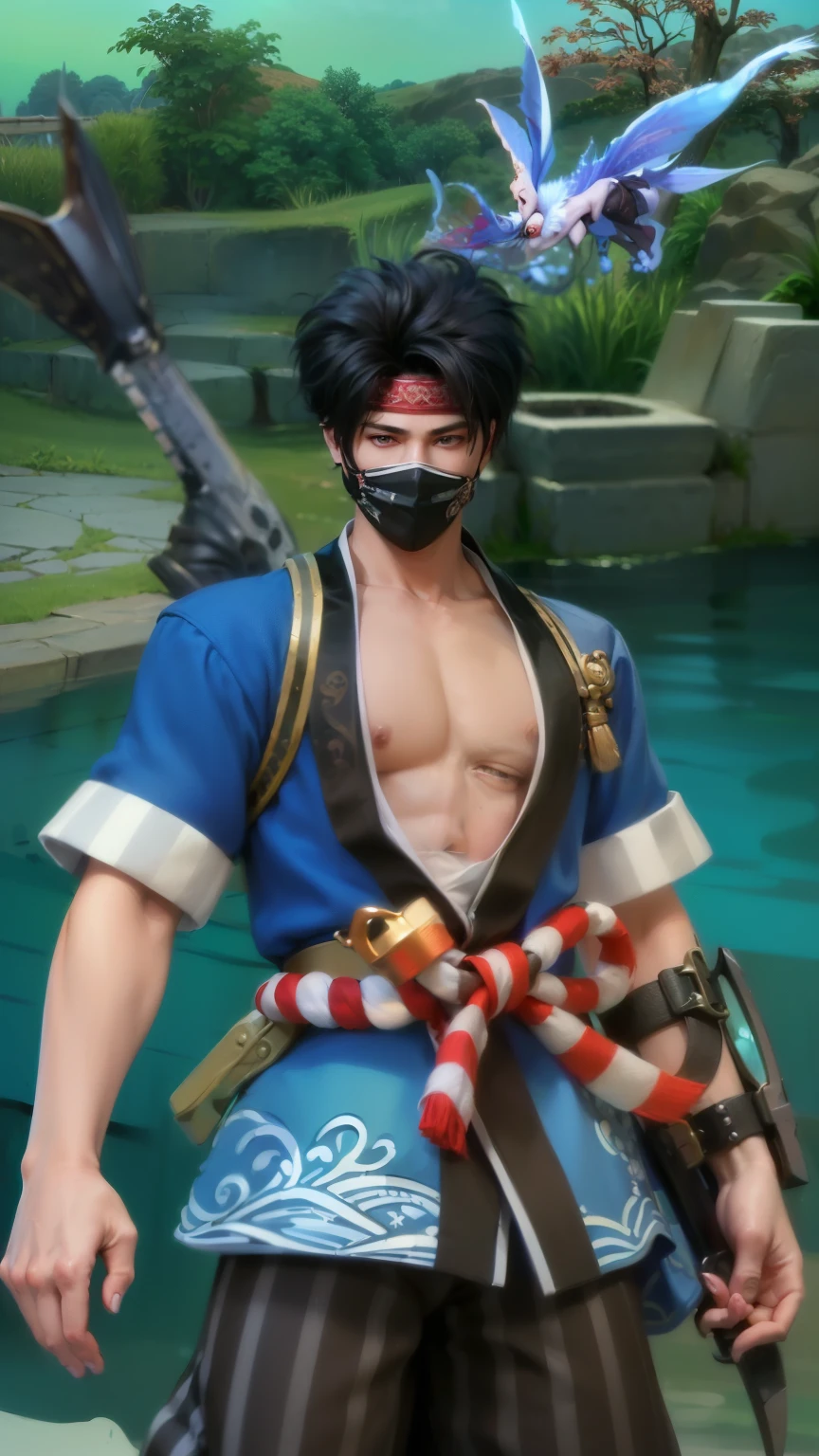 masculine male, masterpiece, ((perfect eyeest quality, (semirealism:1.9), beautiful lighting, (extremely detailed CG unity 4k fhd wallpaper), High Detail, Sharp focus, dramatic outdoors, 1 boy ,19 years old, white hair, light purpel eyes, red bandana, mask, sword fish.