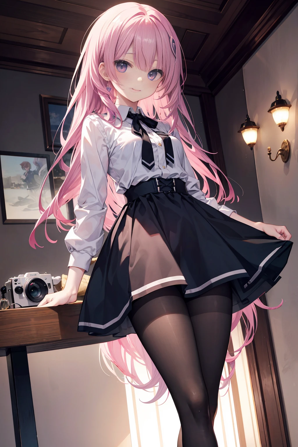 Purple eye，167cm height，55cm bust，RAW photogr, Camera gaze, ((quality, 8K, tmasterpiece: 1.3)), Focus sharp: 1.2, white  shirt, black short skirt，nifty features, The best smile, adorable smile, Beautiful Woman with Perfect Style: 1.4, Slim abs: 1.2, mitsukasa ayase,Purple eye，Pink medium long hair， Smaller,, (natural soft light: 1.1),Indoors，Gorgeous background， Highly Detailed Face and Skin Textur, black pantyhoses，7 figures