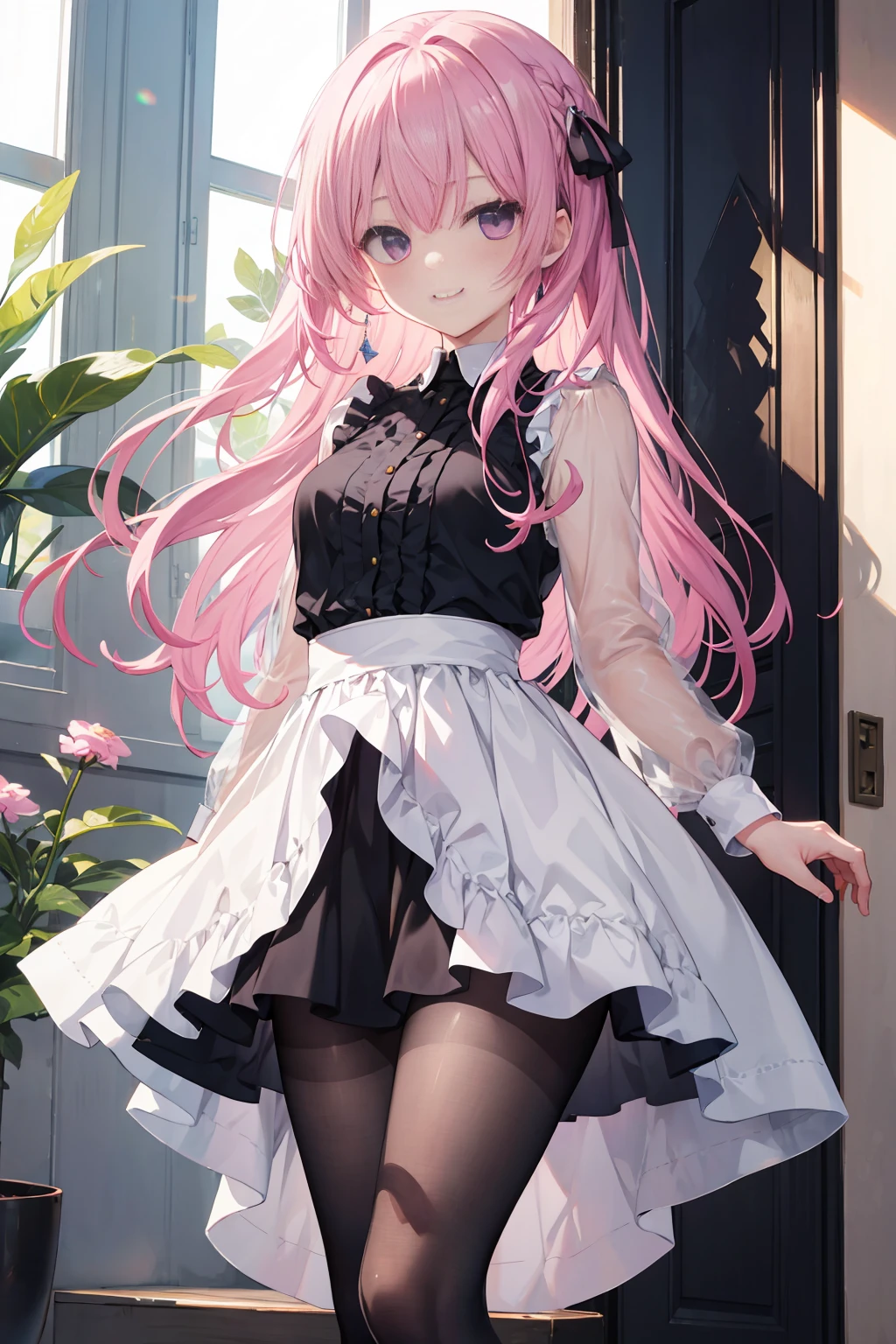 Purple eye，167cm height，55cm bust，RAW photogr, Camera gaze, ((quality, 8K, tmasterpiece: 1.3)), Focus sharp: 1.2, white  shirt, black short skirt，nifty features, The best smile, adorable smile, Beautiful Woman with Perfect Style: 1.4, Slim abs: 1.2, mitsukasa ayase,Purple eye，Pink medium long hair， Smaller,, (natural soft light: 1.1),Indoors，Gorgeous background， Highly Detailed Face and Skin Textur, black pantyhoses，7 figures