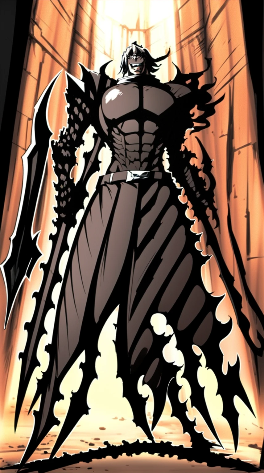 masterpiece, adam blade76, black jacked, long jacked, glasses, pants, belt, muscle, open mouth, smile, desert, sun, tower, full body, feet,refsheet, full armor knight, hammer holding