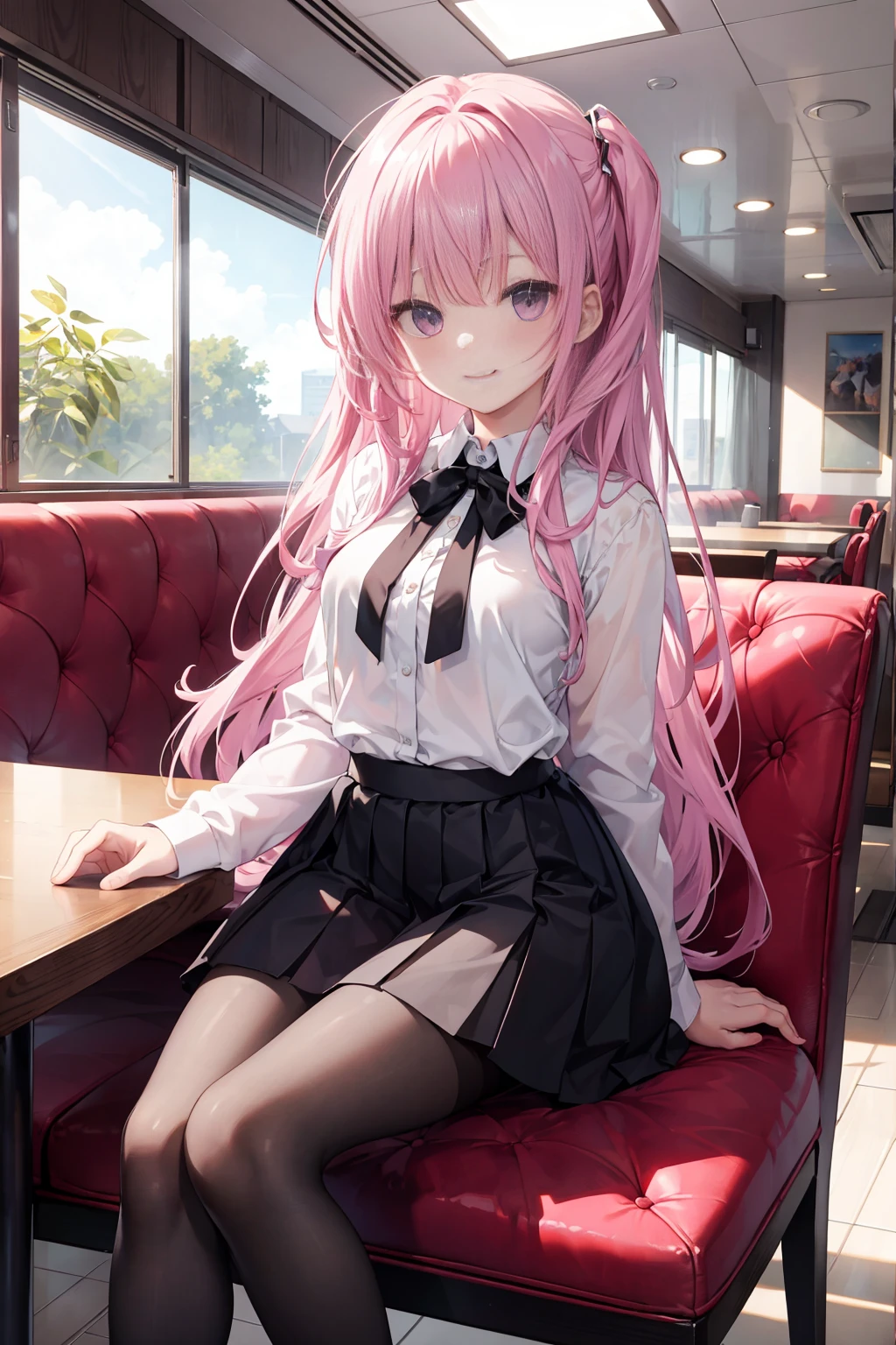 Purple eye,167cm height,55cm bust,RAW photogr, Camera gaze, ((quality, 8K, tmasterpiece: 1.3)), Focus sharp: 1.2, white shirt, black short skirt,nifty features, The best smile, adorable smile, Beautiful Woman with Perfect Style: 1.4, Slim abs: 1.2, mitsukasa ayase,Purple eye,Pink medium long hair, Smaller,, (natural soft light, : 1.1), Indoors,Indoors大厅里,Highly detailed facial and skin textures while sitting in a chair, White transparent pantyhose,7 figures