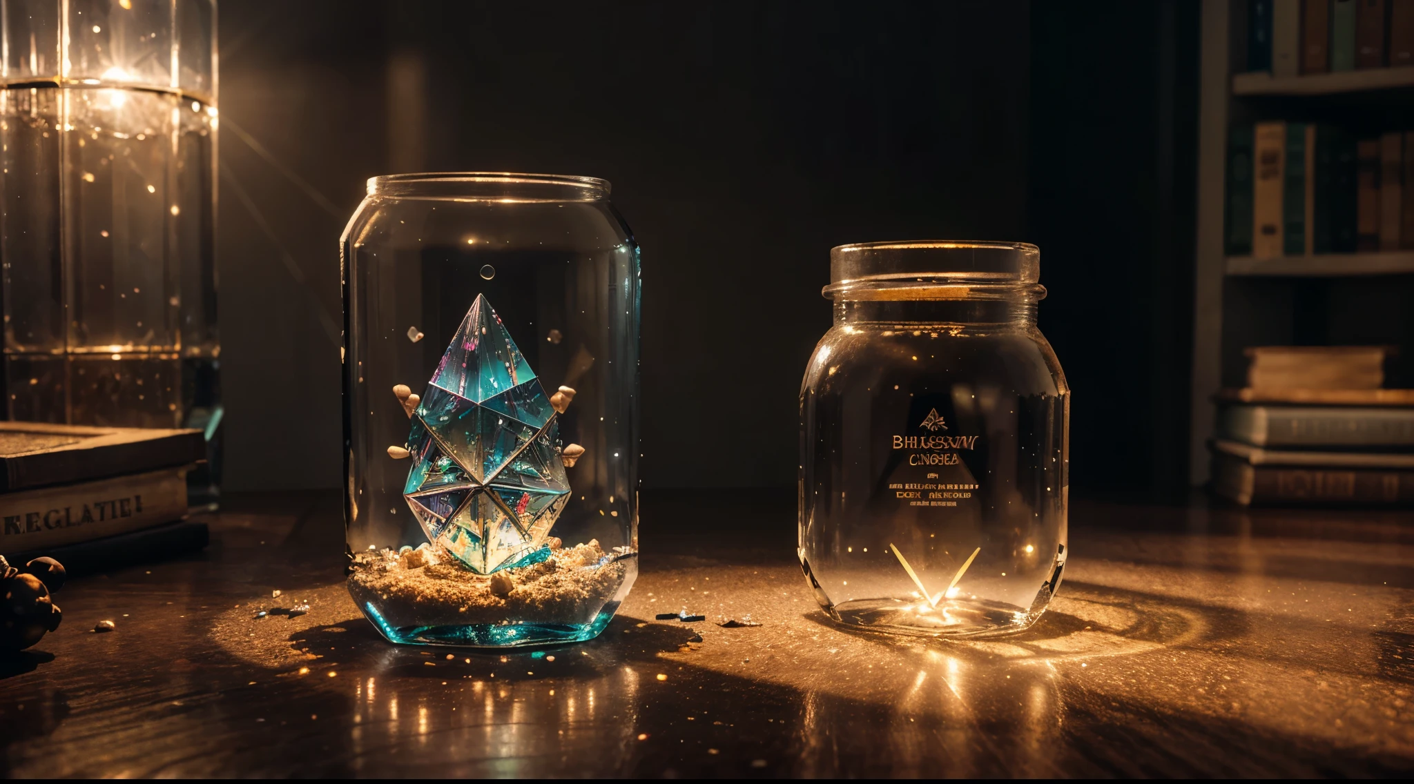 a thin edging crystal, the apocalypse, a cute and charming creature in a glass jar on the table, inside a magic laboratory, many small details, bookshelves with dust-covered books, a magic formula on the floor of neon glow, spilled magic sand, view away from the table, hyper realistic, hyper detailed, ray-tracing, realistic lighting