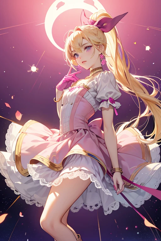 her eyes turn light purple and more slanted. She gets taller, with her hair lengthening and turning bright blonde. Part of it is styled in a ponytail on the right side of her head held by a magenta bow. She also wears a pink headband with a small witch hat and pearly earrings. Her dress is off-white at the top and fuchsia toward the bottom. It also has a magenta ribbon with a light pink gem and light pink lace on top, The top part of the skirt is longer on the left, with a gold chain with three spheres circling it and longer pink and white layers. Her boots are white with light pink toetips and her gloves are white, with gold bracelets on each wrist and ankle. She wears the bracelets in all of her forms.