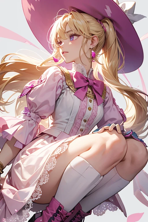 her eyes turn light purple and more slanted. She gets taller, with her hair lengthening and turning bright blonde. Part of it is styled in a ponytail on the right side of her head held by a magenta bow. She also wears a pink headband with a small witch hat and pearly earrings. Her dress is off-white at the top and fuchsia toward the bottom. It also has a magenta ribbon with a light pink gem and light pink lace on top, The top part of the skirt is longer on the left, with a gold chain with three spheres circling it and longer pink and white layers. Her boots are white with light pink toetips and her gloves are white, with gold bracelets on each wrist and ankle. She wears the bracelets in all of her forms.