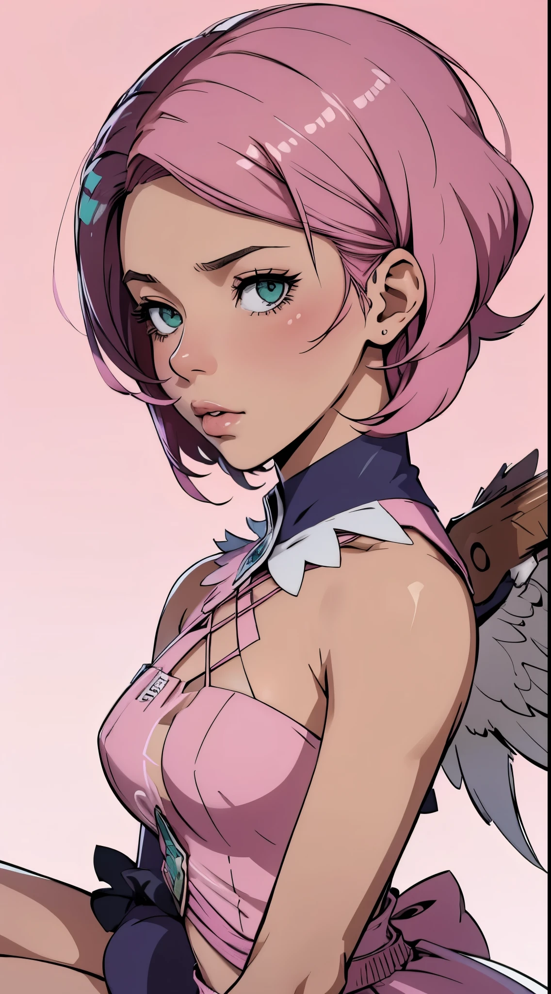 Alisa bosconovitch, melhor qualidade, contemporary, estilo plano, minimalismo, Green Eyes Flat Illustration, cabelo rosa, cabelo curto, cabelos multicoloridos, Camisa Preta, mechanical wings, Head Portrait Close-U, peito pontudo, decote, super decote, middlebreasts, Tekken,cabelo rosa pastel, 1girl, em quimono, hand-painted,Desenho de linha sem cor, colorida do yandere pastel, Tekken, Super cute pink hair girl with gothic makeup on the side, com roupa de empregada,figura esbelta,robusto,He sat on the floor,Vestido com roupas de empregada rosa e branco,cabelos muito curtos,com orelhas de gato,quadratic element,, kawaii cor-de-rosa na roupa da era de 1910, Alisa Bosconovich pink lips, no estilo da paleta de cores suave aurorapunk, an anime illustration of his face, gifs animados, hand drawn animation, charming sketches, suave e brilhante, romantismo nebuloso, Estilo Superflat, fundo branco - ar 1:1 - niji 5 - estilo expressivo --s 50 ,Pink kawaii girl in the era of 1920s clothesPink eagles, vestindo uma camisa branca brilhante, no estilo da paleta de cores suave aurorapunk, an anime illustration of his face, gifs animados, hand drawn animation, charming sketches, suave e brilhante, romantismo nebuloso, Estilo Superflat, fundo branco - ar 1:1 - niji 5 - estilo expressivo --s 50, Absurdo, Altas, ultra detalhados, (1girl:1.3), quebrar , Crie uma imagem com uma bela caligrafia