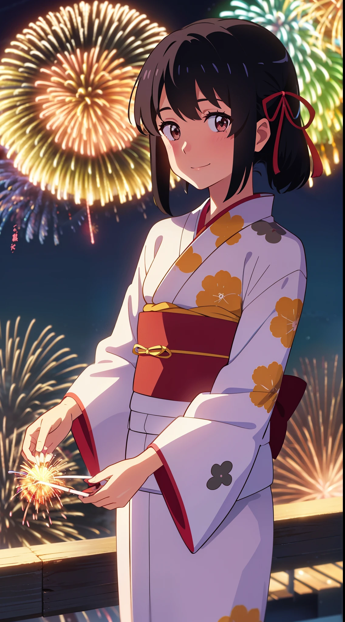 shinkai makoto, kimi no na wa., 1girl, bangs, black hair, blush, bright eyes, brown eyes, red headband, red bow, red ribbon, shiny skin, smile, cute, beautiful, aerial fireworks, white kimono, red dress, blush, hair, fireworks, floral print, japanese clothes, looking at viewer, mountainous horizon, night, night sky, outdoors, print kimono, sky, summer festival, yukata