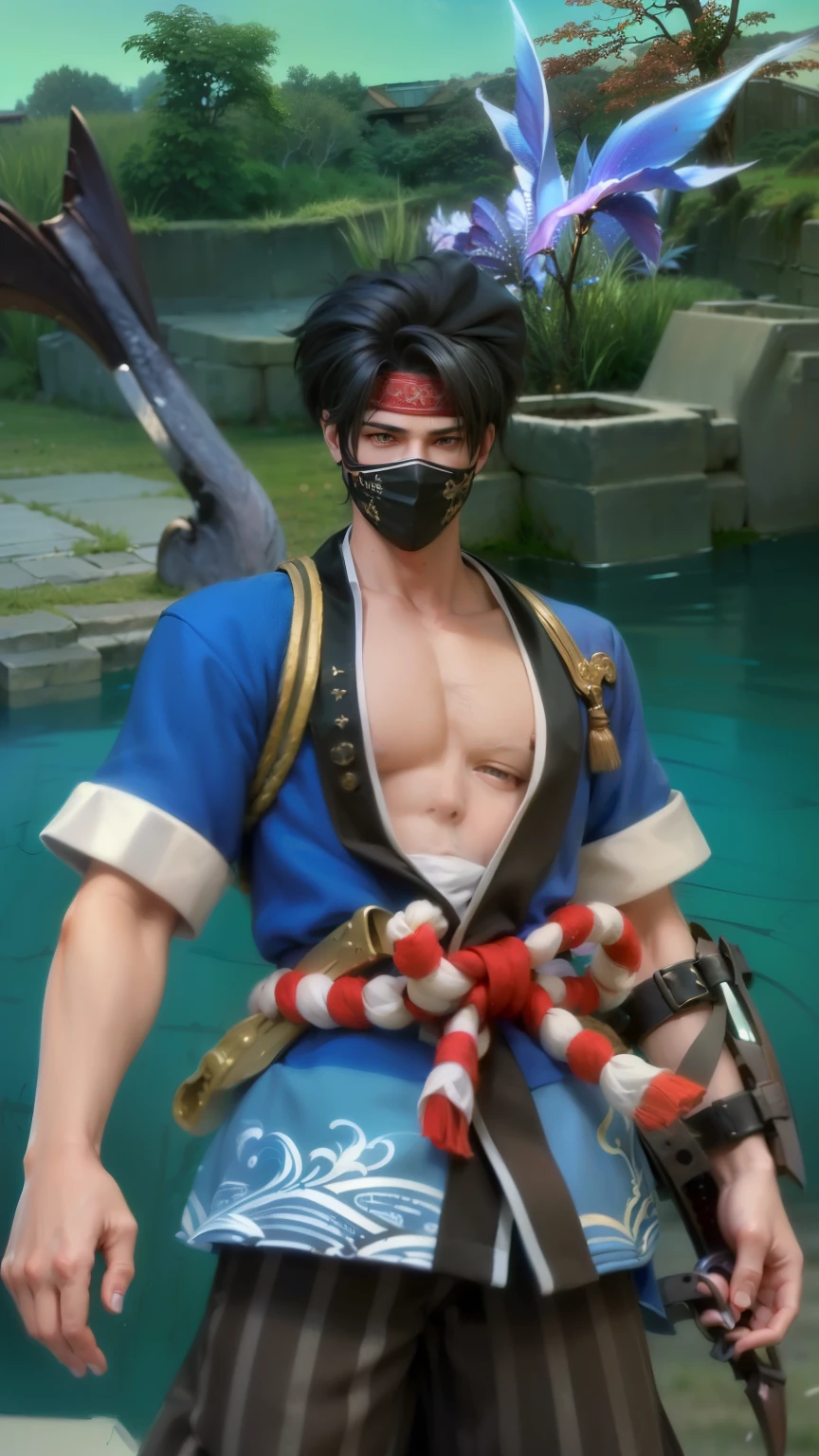 masculine male, masterpiece, ((perfect eyeest quality, (semirealism:1.9), beautiful lighting, (extremely detailed CG unity 4k fhd wallpaper), High Detail, Sharp focus, dramatic outdoors, 1 boy ,19 years old, white hair, light purpel eyes, red bandana, mask, sword fish.