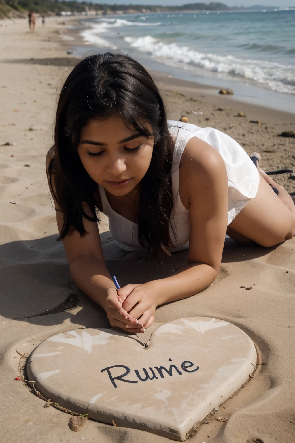 Girl is writing the name Suresh inside a heart on the ground at the sea shore