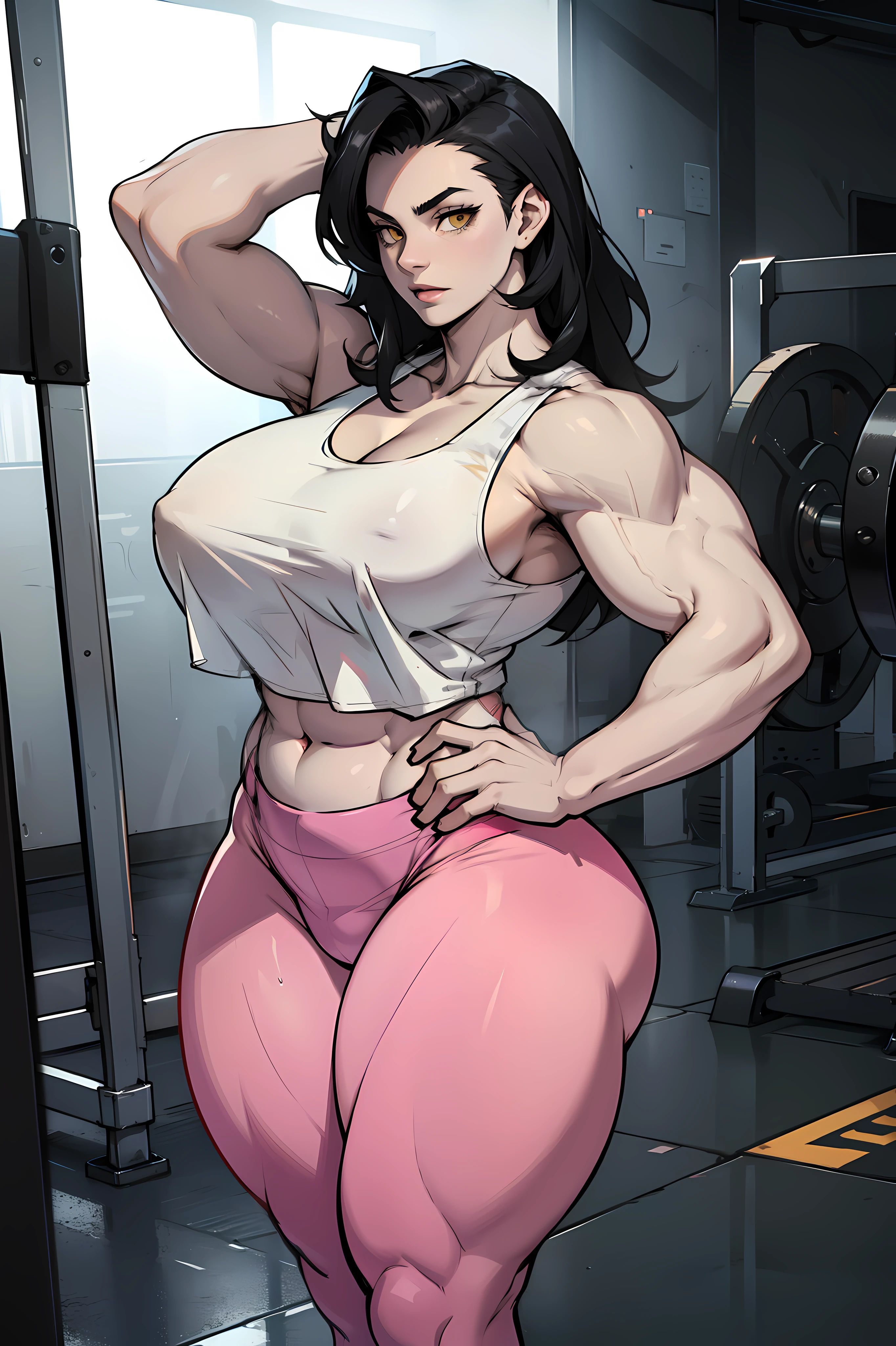 pale skin 1girl bodybuilder muscular toned body wide hips thick thighs curvy huge tits black hair yellow eyes tank top leggings