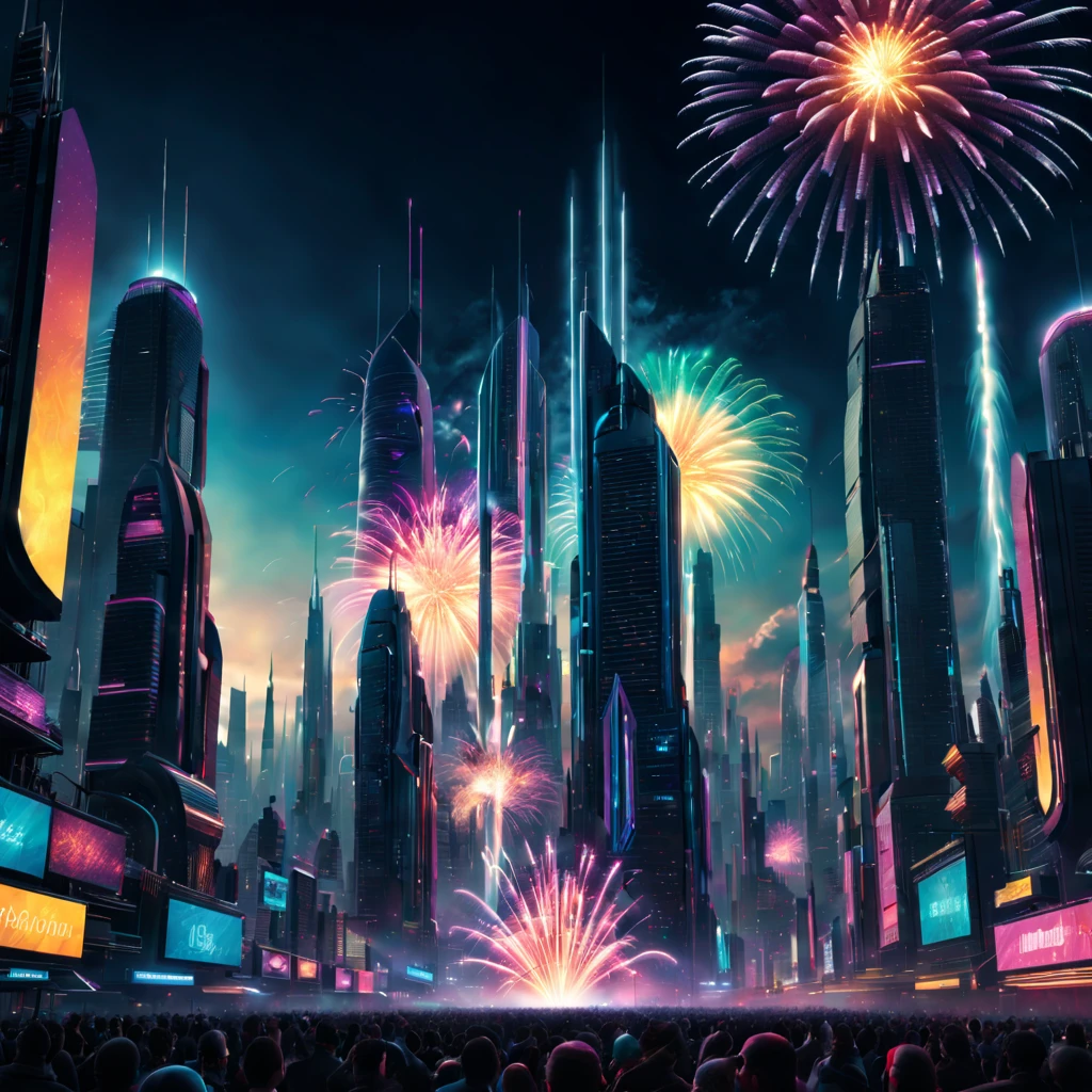 (best quality,4k,8k,highres,masterpiece:1.2),ultra-detailed,(realistic,photorealistic,photo-realistic:1.37),futuristic,cyberpunk,new year celebration,spectacular fireworks display,glowing city lights,technological advancements,impressive architecture,energetic atmosphere,thriving metropolis,neon signs,advanced holograms,imposing skyscrapers,colorful explosions,vibrant bursts of light,mesmerizing patterns,illuminating the night sky,electric energy,rainbow colors,dazzling effects,thrilling pyrotechnics,synchronized music and visuals,spectators in awe,excitement and delight,joy and celebration,high-tech gadgets and devices,flying vehicles,massive crowds,party atmosphere,city of the future,positive and vibrant vibes,sparkling and shimmering display,unforgettable experience,impressive light show,grand spectacle.