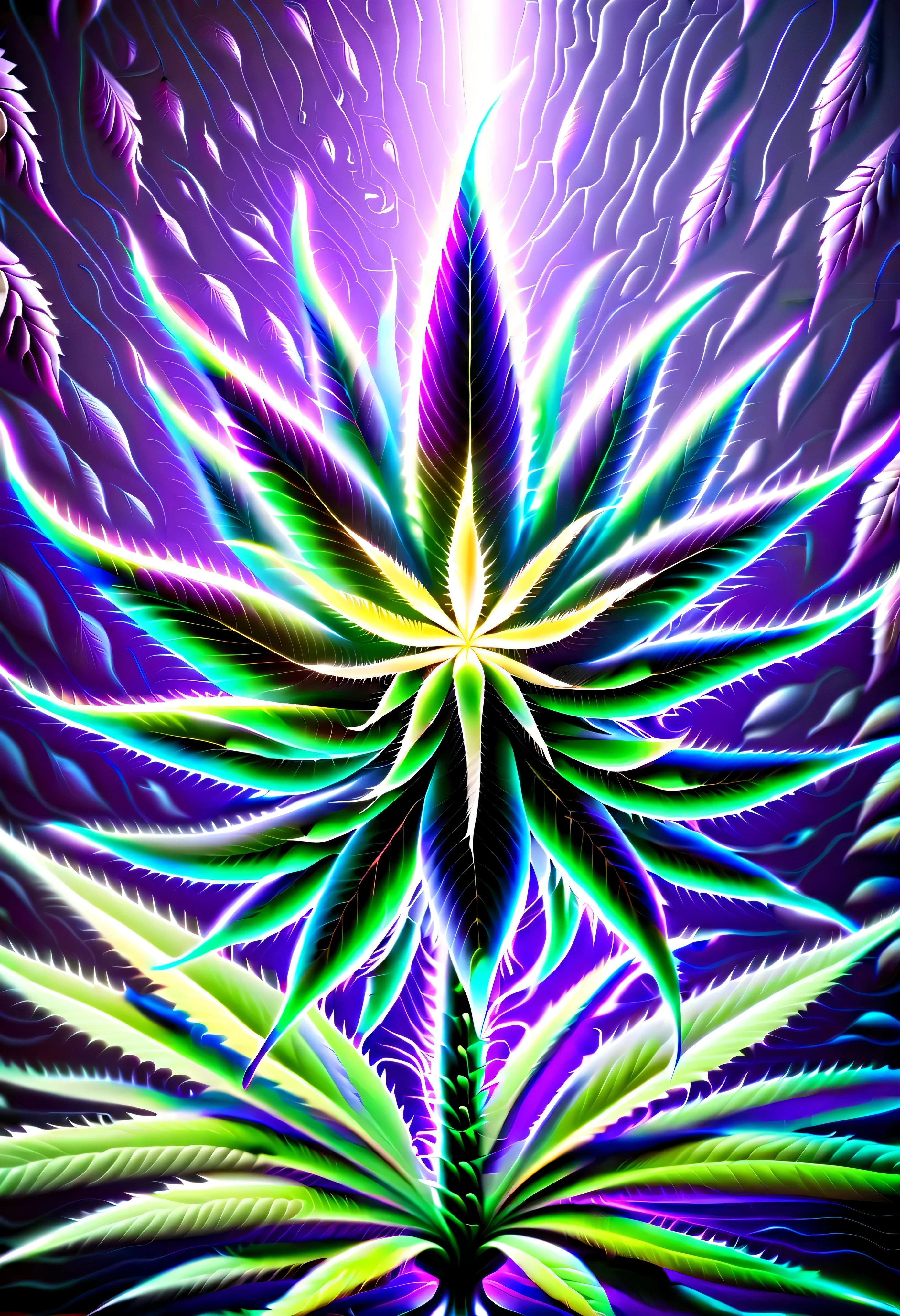pintura cgi abstrata, epic surreal cannabis flower, divino, plantas de fantasia sombria, beauty glow neuron fruit, flores bioluminescentes ao redor, mundo escuro do mundo maravilhoso, bioluminescent radiation, many cannabis flowers have a vision, vision of many cynicisms, loucura, frenesi, flor louca, Arrebatamento, brilho do fanatismo, oil painting, spatula and brush strokes supplement, intrincado, maluco, brilho de beleza assustador, alto contraste, profundidade do mar inspirada, cores escuras ricas, high resolution, hyper realistic, trabalho de pincel de detalhe, stunning intrincado detail 8k rendering, alta qualidade, Qualidade Superior, best quality, verdadeira obra-prima, masterpiece lighting, cinematic angle, glass floor, (cannabis flower), (muito purple neon)