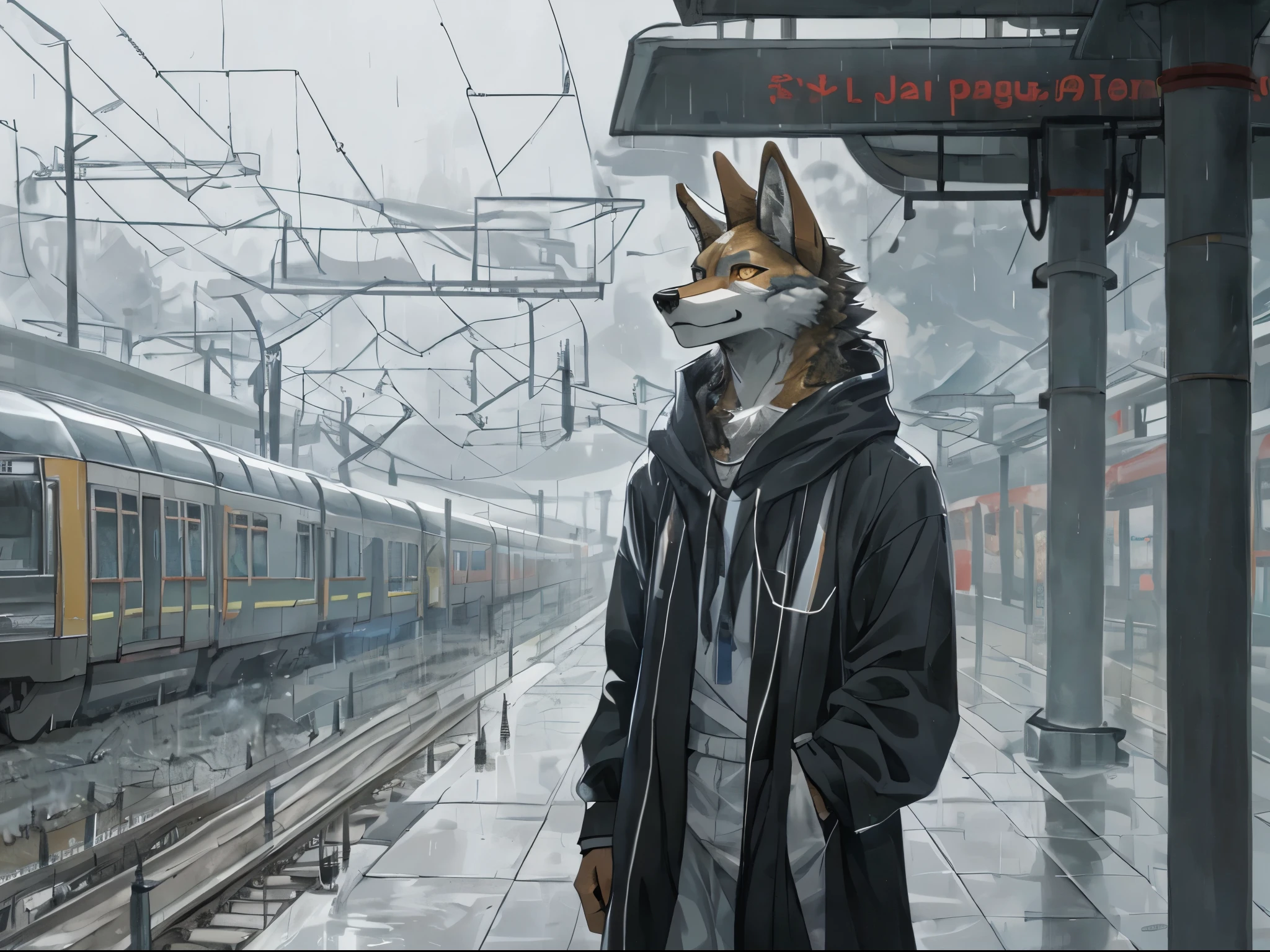 tmasterpiece, Best quality at best, perfect anatomia,New Jersey 5 Hairy,beast wild,
Alone,male people,Humanity,coyote,baggy clothes, Mild,
eyes with brightness, 詳細な目, looking at viewert,
Train station, water dripping, grey sky, rained, Foggy sections,