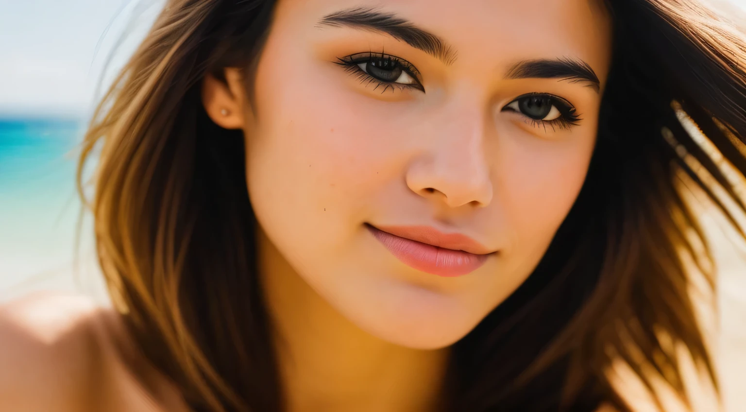 Smile, beautiful european model, Tropical Beach, Sunlight, Close-up shot of face only, 1 Girl with a beautiful face, Photographer 1.4), (Full body portrait: 1.4),Raw UHD Portrait Photography, background at room , Detailed (Texture!, hair!, shine, Color!!, defect: 1.1), highly Detailed glowing eyes, (looking in camera), Specular Light, Digital SLR, Extreme quality, sharp focus, sharp, degrees of freedom, Film grain, (Centered), FUJI XT3, Crystal clear, center of frame, Beautiful face, sharp focus, Bokeh, lowkey, intricate eye details