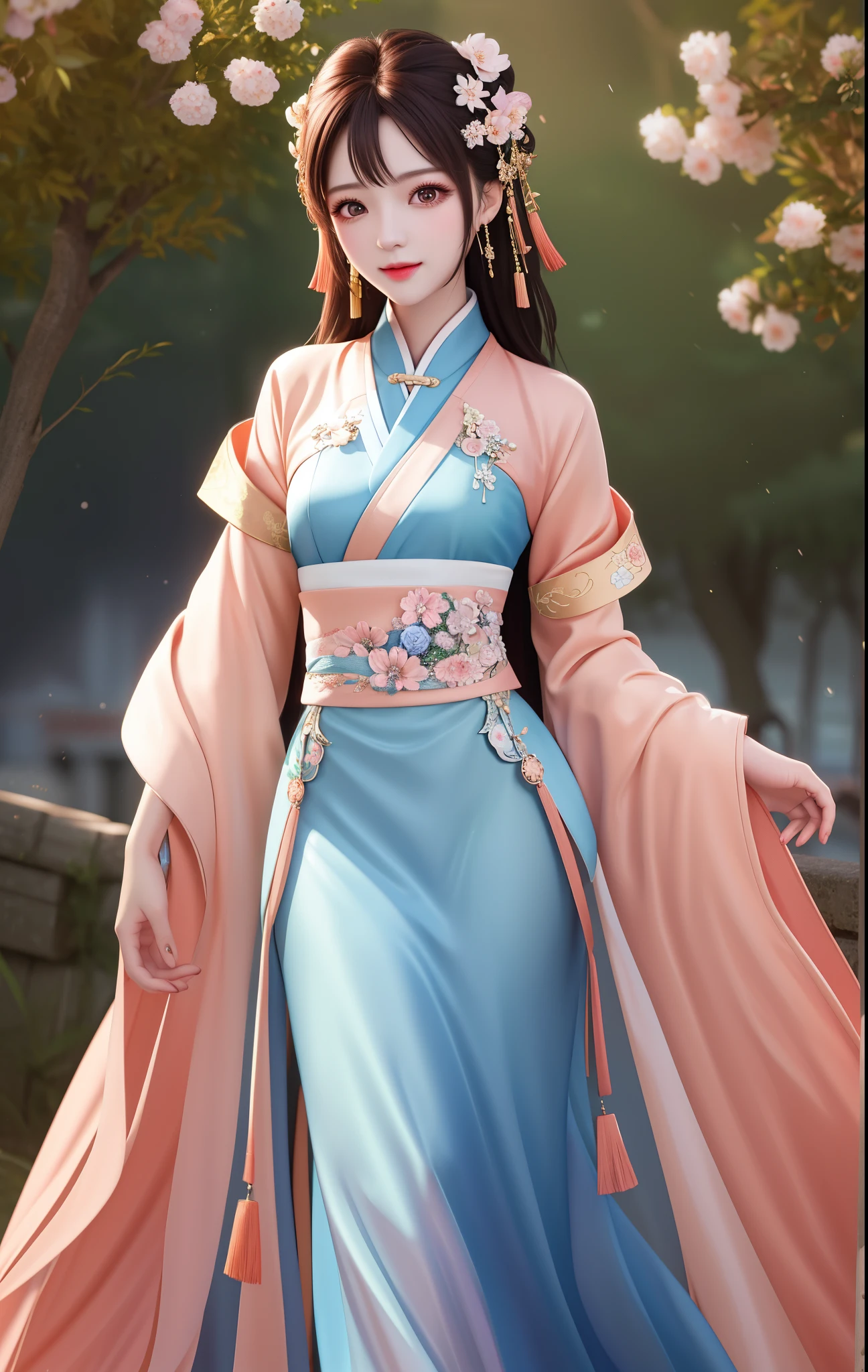 Need,tmasterpiece,A high resolution,1girl,(full bodyesbian:1.2),(Seductive smile:0.8),starpupil,Chinese Hanfu,hair adornments,jewelry,beautfully face,on_body,dingdall effect,realisticlying,Peach Blossom Forest,light edge,Two-tone lighting,(highdetailskin:1.2),8k uhd,Slr,softlighting,high high quality,Volumetriclighting,,photore,A high resolution,4k,8k,Background bokeh
