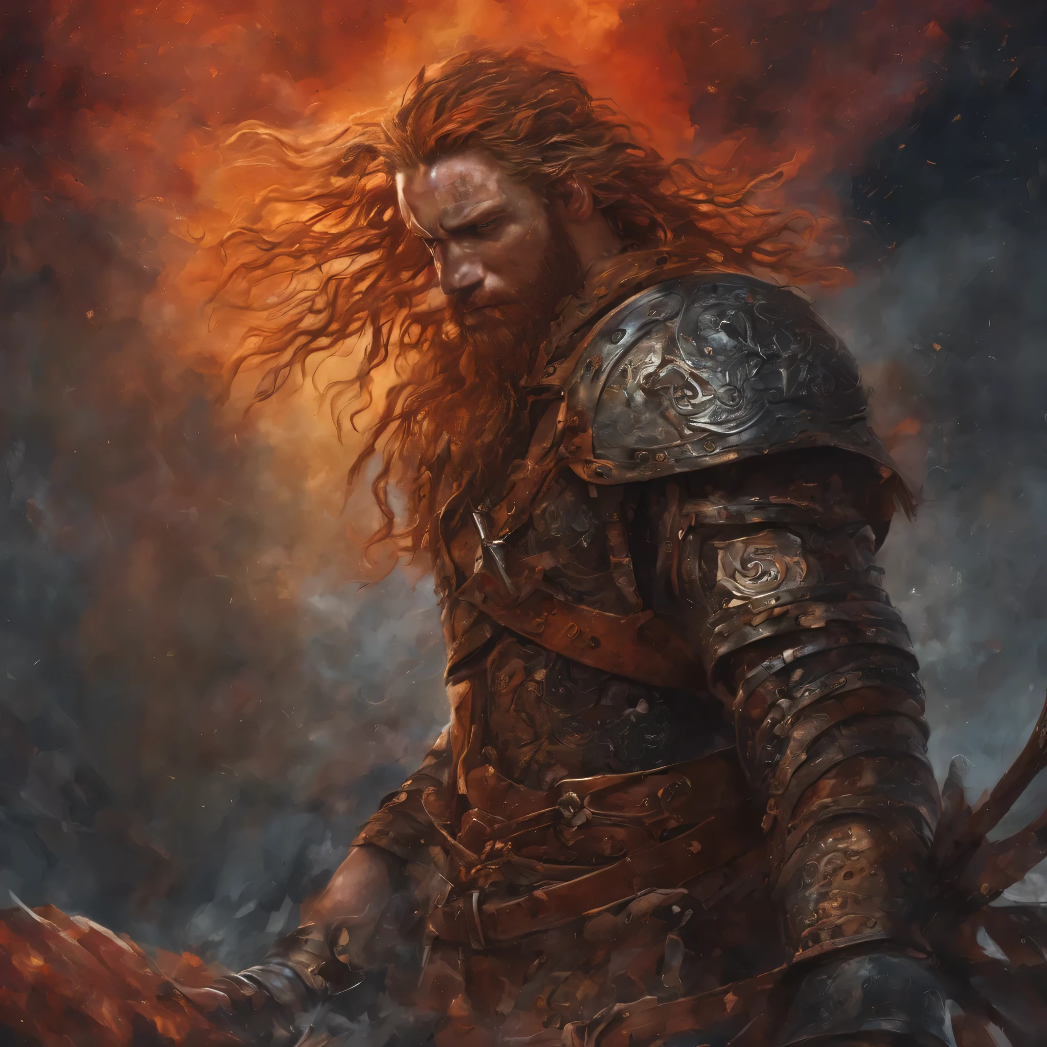 Tall viking man, detailed armor, old engraved leather Cuirass, intricate designs on the Cuirass, intricate Cuirass engravings, imposing and powerful stance, fierce expression, red wild mane braided hair and beard, dynamic pose, intense battle scene, fantasy setting, vibrant colors, dramatic lighting, epic atmosphere, mythical creatures in the background, sword and viking shield, attention to anatomy and facial features, iconic use of highlights and shadows, capturing emotion, masterful composition, looking away into the distance, back facing the viewer