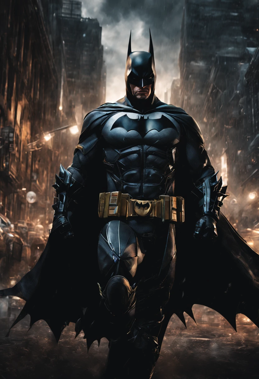 (best quality, 4k, 8k, high resolution, master part: 1.2), Ultra Detalhado, (Realistic, photoRealistic, photoRealistic: 1.37),A detailed depiction of Batman in a dark and rainy Gotham City, with intense expressions on their faces. The scene shows Batman wearing his iconic black suit and cape, com detalhes intrincados em seu traje, including the bat symbol on the chest. The composition highlights the intensity of their conflict, with dynamic poses and facial expressions that reflect your nature . The artwork is created using photoRealistic techniques. The medium used is a digitally rendered photograph, The scene is very detailed and captures the intricate textures of their trajectories, the wet streets that reflect neon lights and spectacular lighting that casts deep shadows. The image is of the highest quality, with 4K resolution or higher, providing sharp details and vivid colors. The overall artistic style of the image has a cinematic style, capturing the essence of the Batman universe. The color palette is dark and moody, com uma abordagem em tons de negro, azul e cinza, . The lighting is spectacular, casts bright shadows and highlights the character'contrasting features. Gerar um detalhado, imagem de alta qualidade do Batman em uma Gotham City escura e chuvosa, focusing on their expressions and the intense atmosphere.