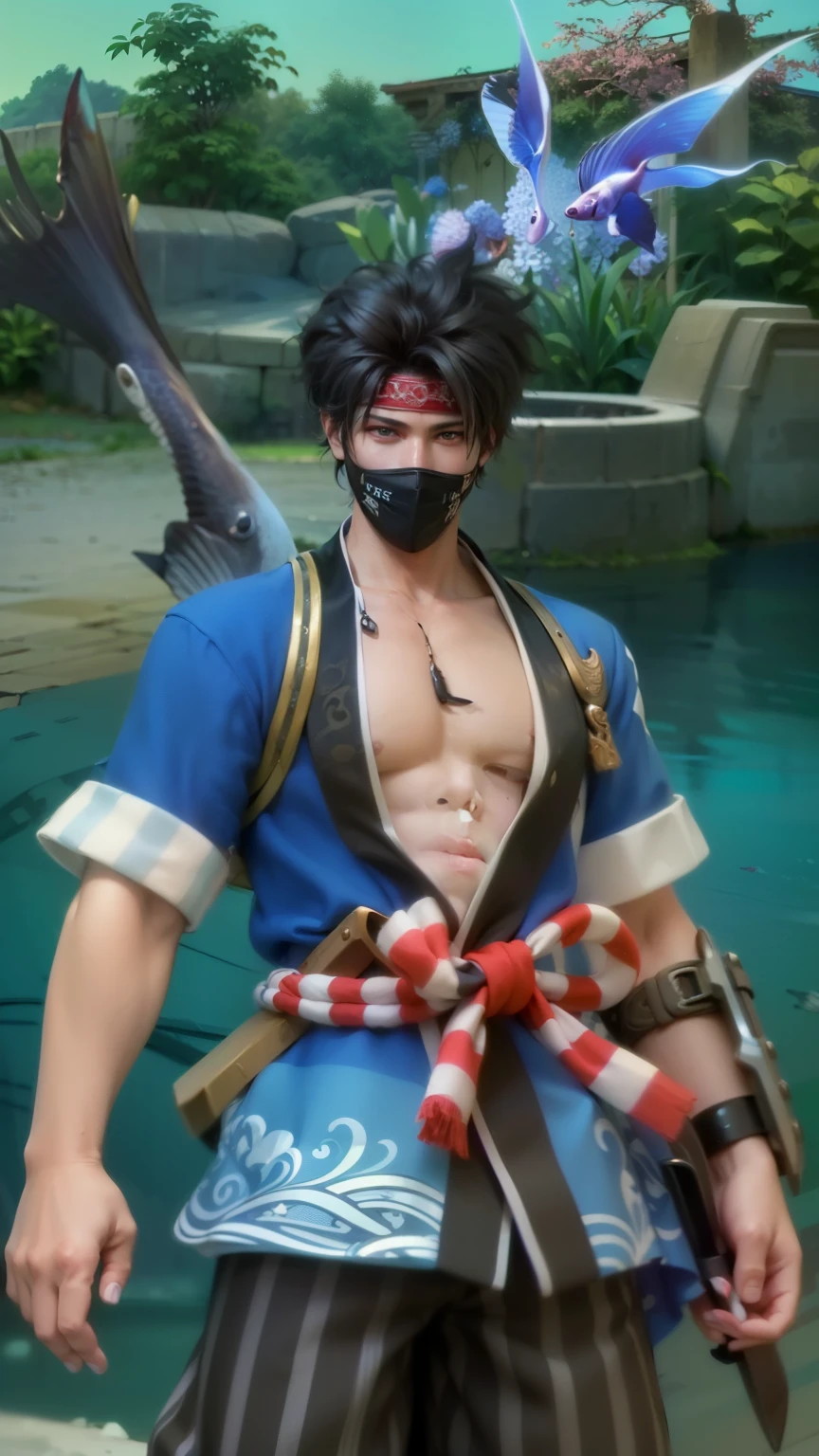 masculine male, masterpiece, ((perfect eyeest quality, (semirealism:1.9), beautiful lighting, (extremely detailed CG unity 4k fhd wallpaper), High Detail, Sharp focus, dramatic outdoors, 1 boy ,19 years old, white hair, light purpel eyes, red bandana, mask, sword fish.