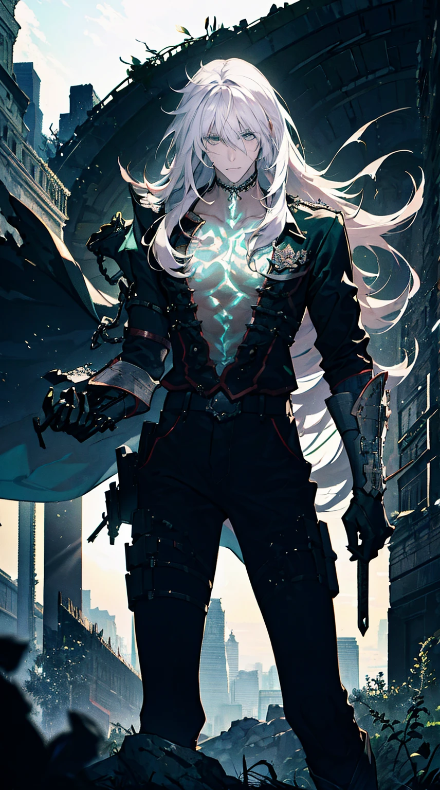 A young man with gray long hair and green eyes. He has beautiful eyes that captivate anyone who looks at them. He has a serious expression on his face. The scene is set in the ruins of the night, where darkness surrounds him. The image will be of the best quality, with ultra-detailed features and a realistic, photorealistic touch. It will be a masterpiece in every sense, capturing the essence of the young man and the mysterious atmosphere of the ruins.