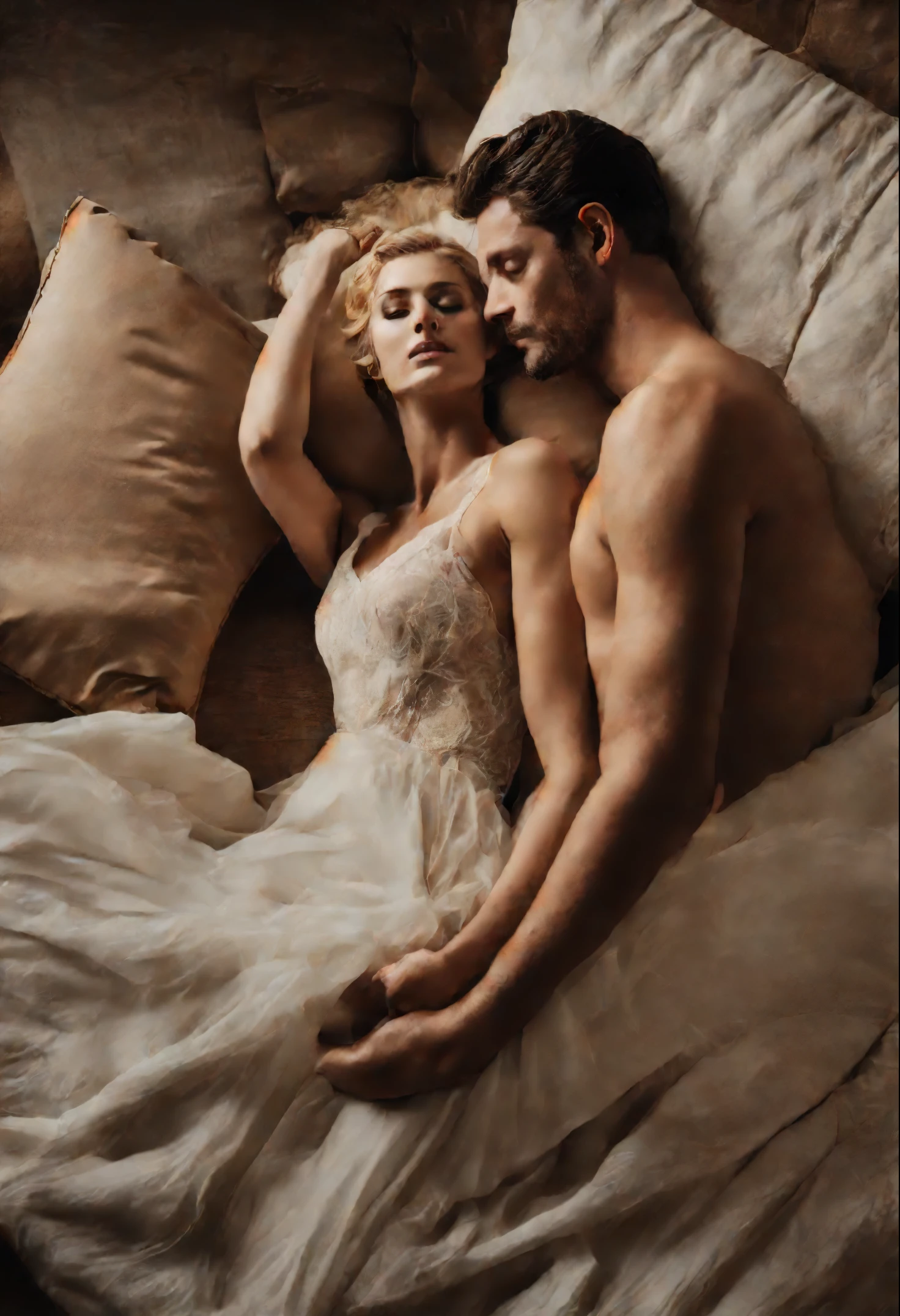 She doesn't have any left, when he lifted her up and, removing the pillows, started laying. She felt his hands on her skin, calloused and warm
