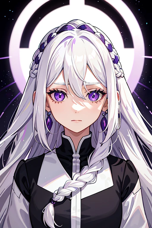 1girl, white hair, multicolored hair, purple eyes, mask on head, sidelighting, light particles, wallpaper,white hair, side_braid long wavy hair, violet aesthetic anime eyes and iris, blue earrings, forehead shown, no bang hair,