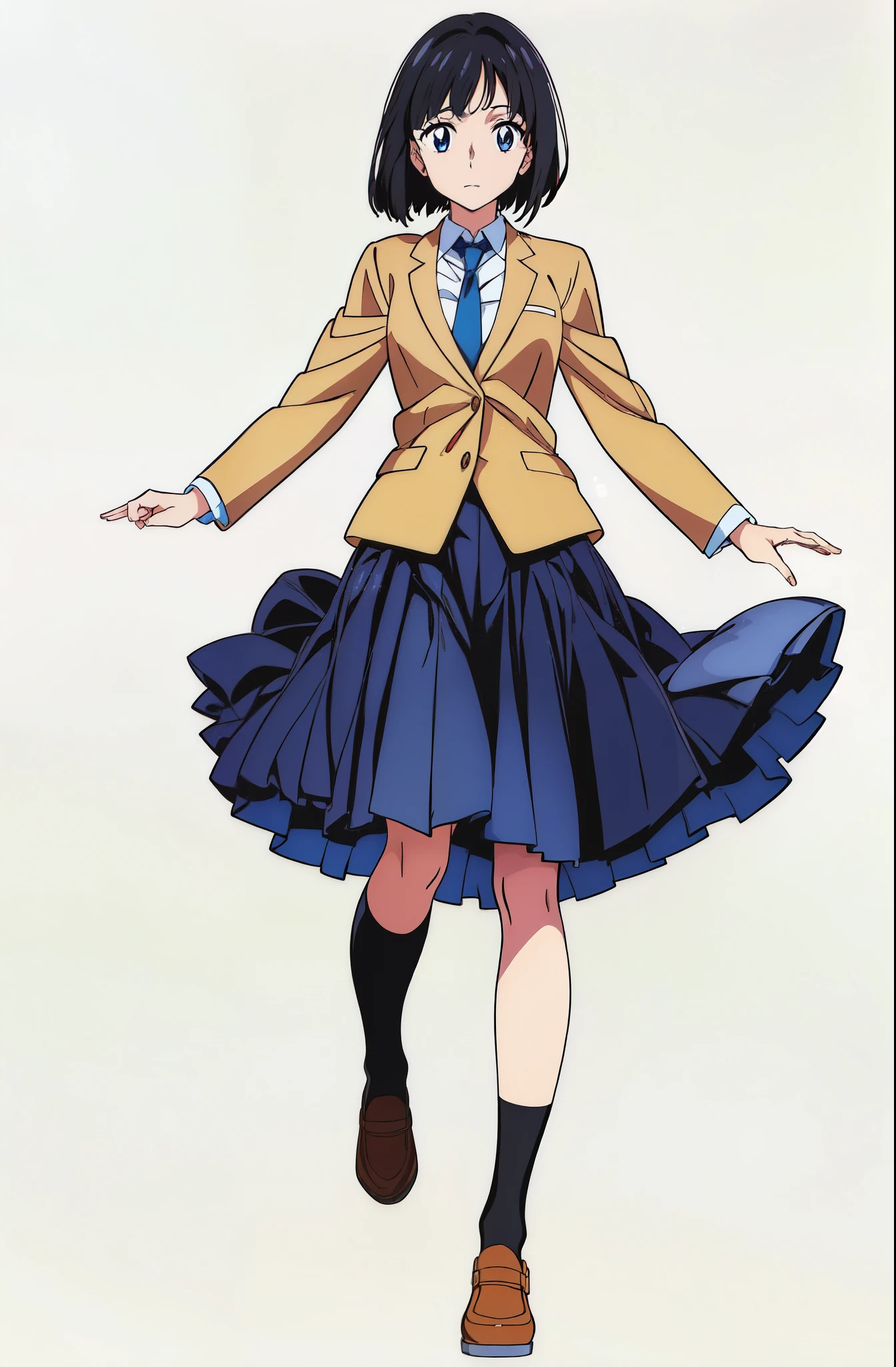 (best quality:2.0), (cute:1.0), (tareme:1.5), (looking at viewer:1.0), (white background:1.0), (anime:2.0), (official art:2.0), (best quality:2.0), (masterpiece:1.0), (full body:1.0), (solo:1.0), (a 18yo cute girl:1.0), (long skirt:1.0), (dark blue skirt:1.0), (pleated skirt:1.0), (school uniform beige blazer:1.0), (dark blue necktie:1.0), (loafers:1.0), (black socks:1.0), (ideal ratio body proportions:1.0), (lanky:1.0), (tall:1.0), (slender:1.0), (small breasts:1.0), (smaller face:1.0), (tareme:1.5), (detailed beautiful eyes:1.5), (detailed beautiful face:1.5), (glowing black eyes:1.1), (bob cut hair:1.0), (black hair:1.0)
