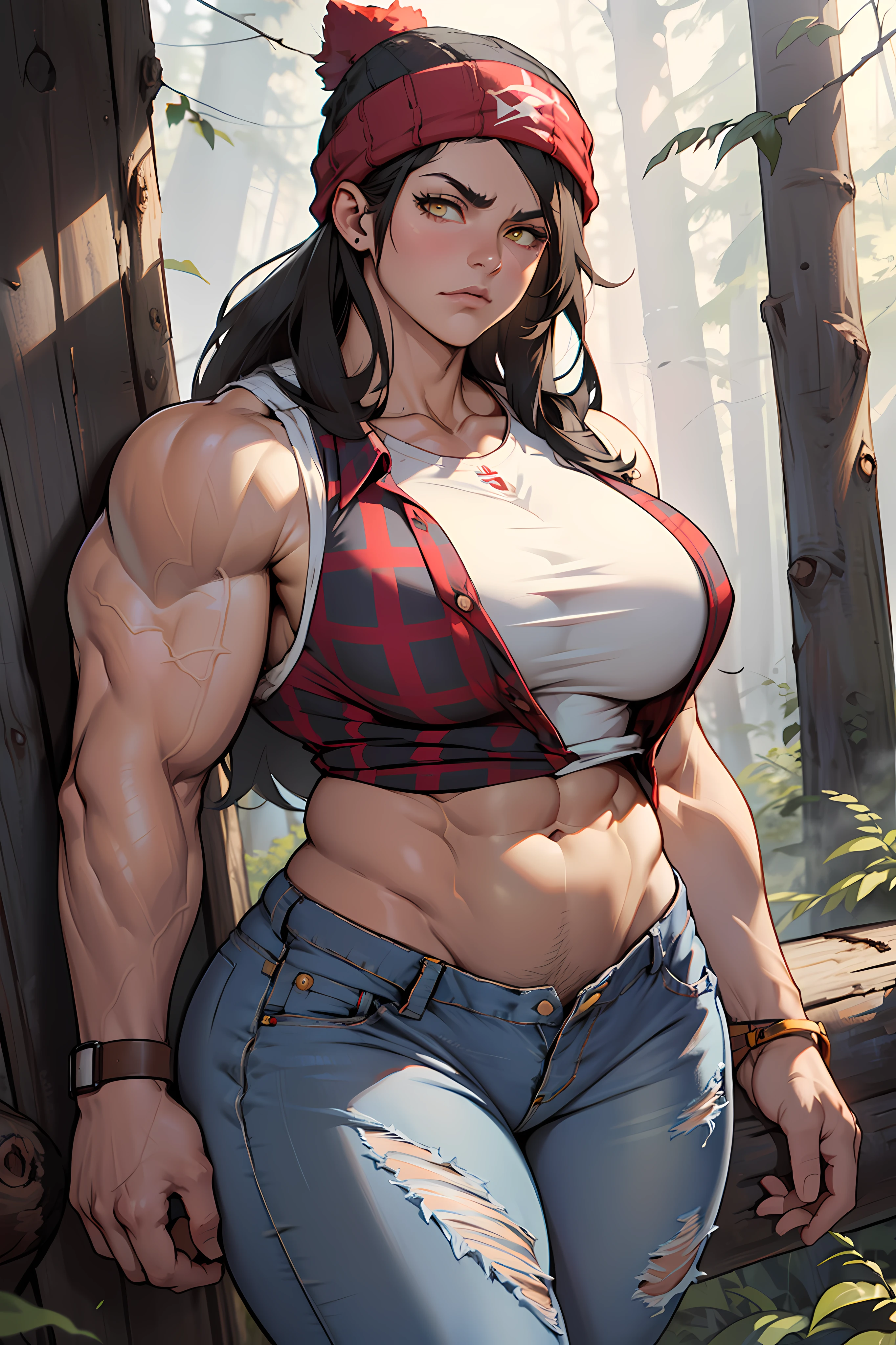 ((((1girl bodybuilder muscular)))) pale skin black hair very long hair yellow eyes long abs ((curvy wide hips thick thighs huge breasts)) ((flannel shirt jeans beanie axe lumberjack)) in the woods angry