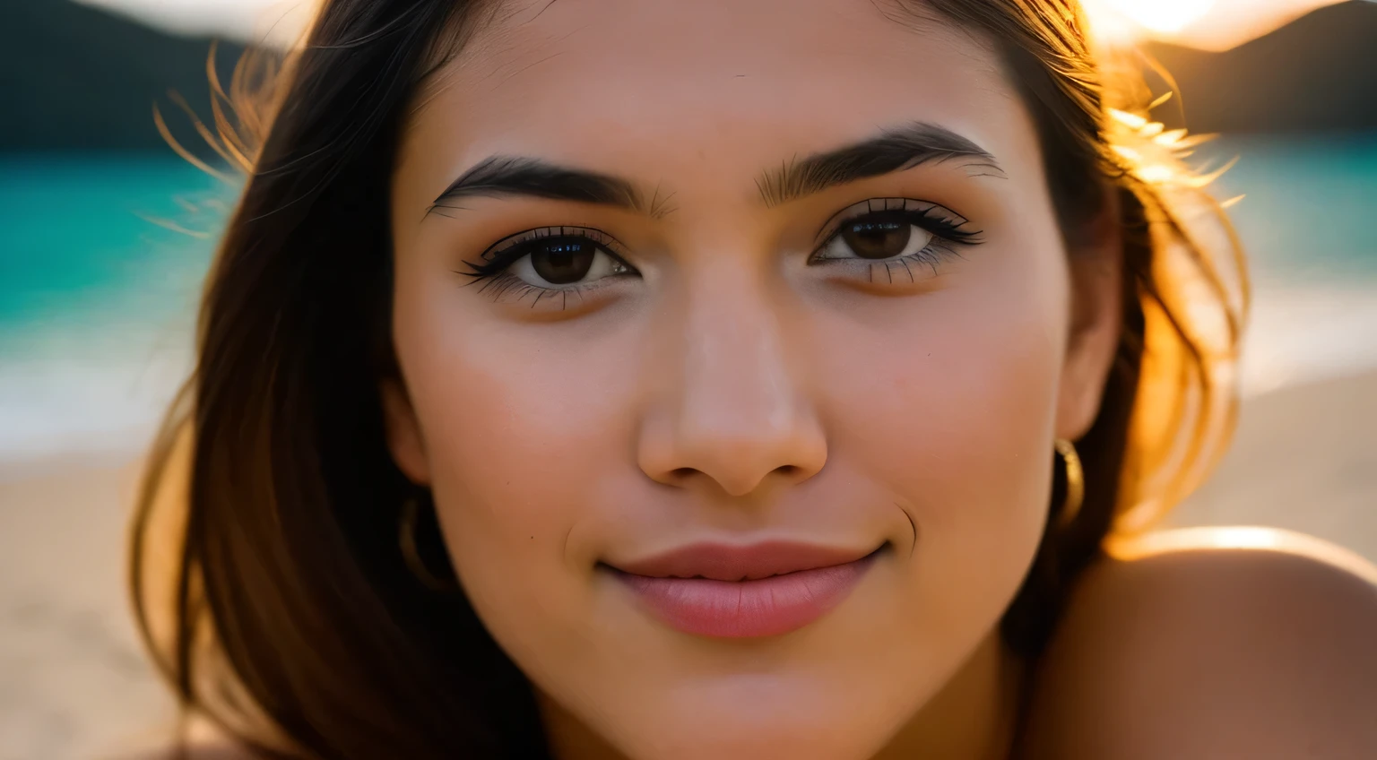 Smile, beautiful european model, Tropical Beach, Sunlight, Close-up shot of face only, 1 Girl with a beautiful face, Photographer 1.4), (Full body portrait: 1.4),Raw UHD Portrait Photography, background at room , Detailed (Texture!, hair!, shine, Color!!, defect: 1.1), highly Detailed glowing eyes, (looking in camera), Specular Light, Digital SLR, Extreme quality, sharp focus, sharp, degrees of freedom, Film grain, (Centered), FUJI XT3, Crystal clear, center of frame, Beautiful face, sharp focus, Bokeh, lowkey, intricate eye details