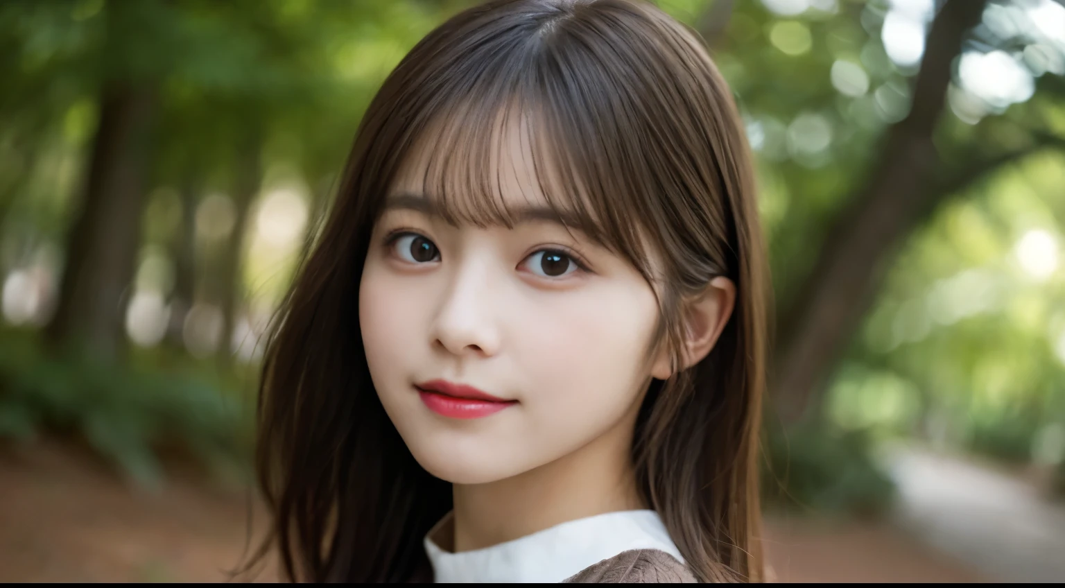 masutepiece, Best Quality, Illustration, Ultra-detailed, finely detail, hight resolution, 8K Wallpaper, Perfect dynamic composition, Beautiful detailed eyes, she is wearing a black long sleeve knit,Medium Hair,Natural Color Lip,Smile,Harajuku、20 years girl、Bust up angle looking at camera、Arms behind your back、hands are never visible、C Cup、Brown hair、cacique#39;s face、Blurred forest background