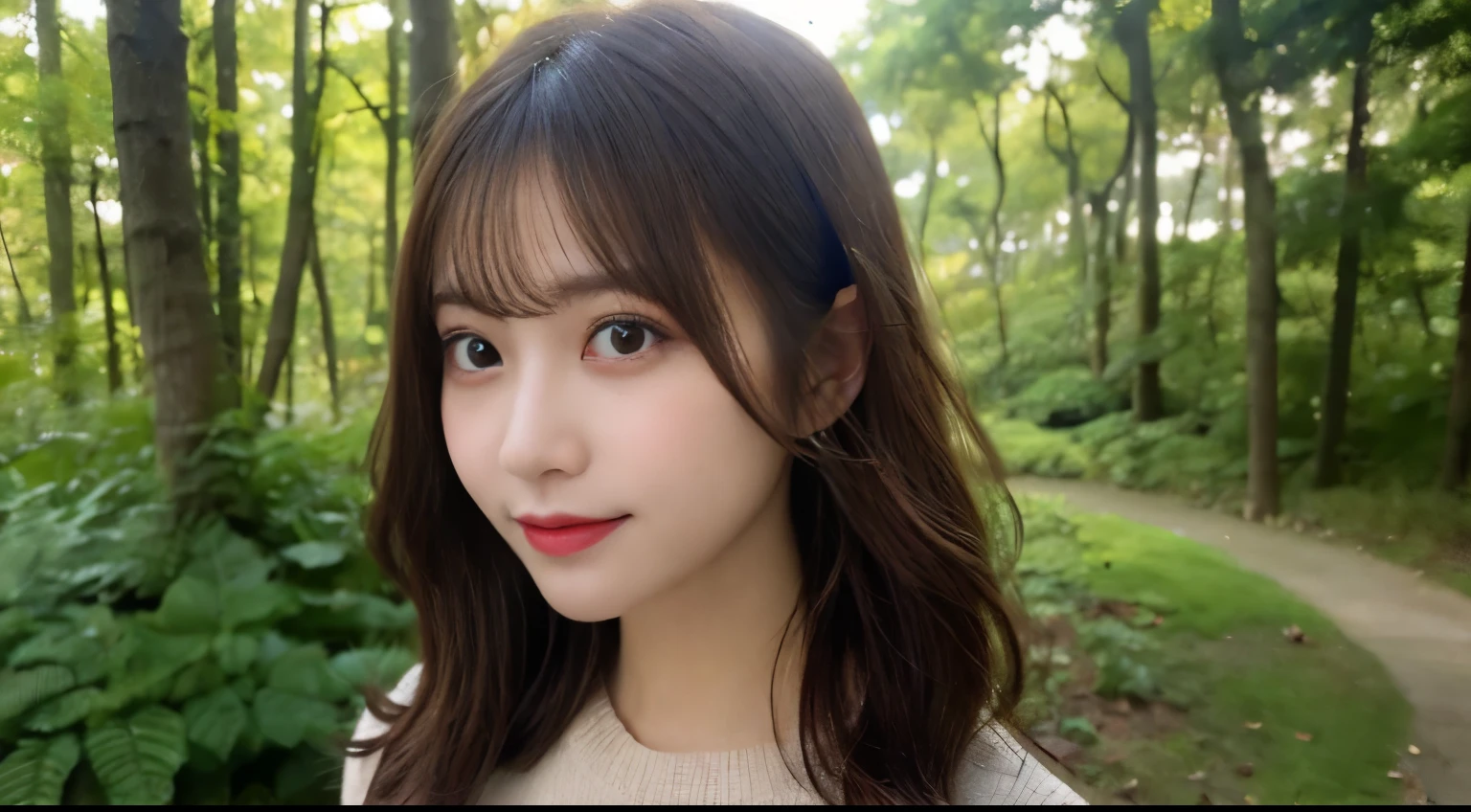 masutepiece, Best Quality, Illustration, Ultra-detailed, finely detail, hight resolution, 8K Wallpaper, Perfect dynamic composition, Beautiful detailed eyes, she is wearing a black long sleeve knit,Medium Hair,Natural Color Lip,Smile,Harajuku、20 years girl、Bust up angle looking at camera、Arms behind your back、hands are never visible、C Cup、Brown hair、cacique#39;s face、Blurred forest background