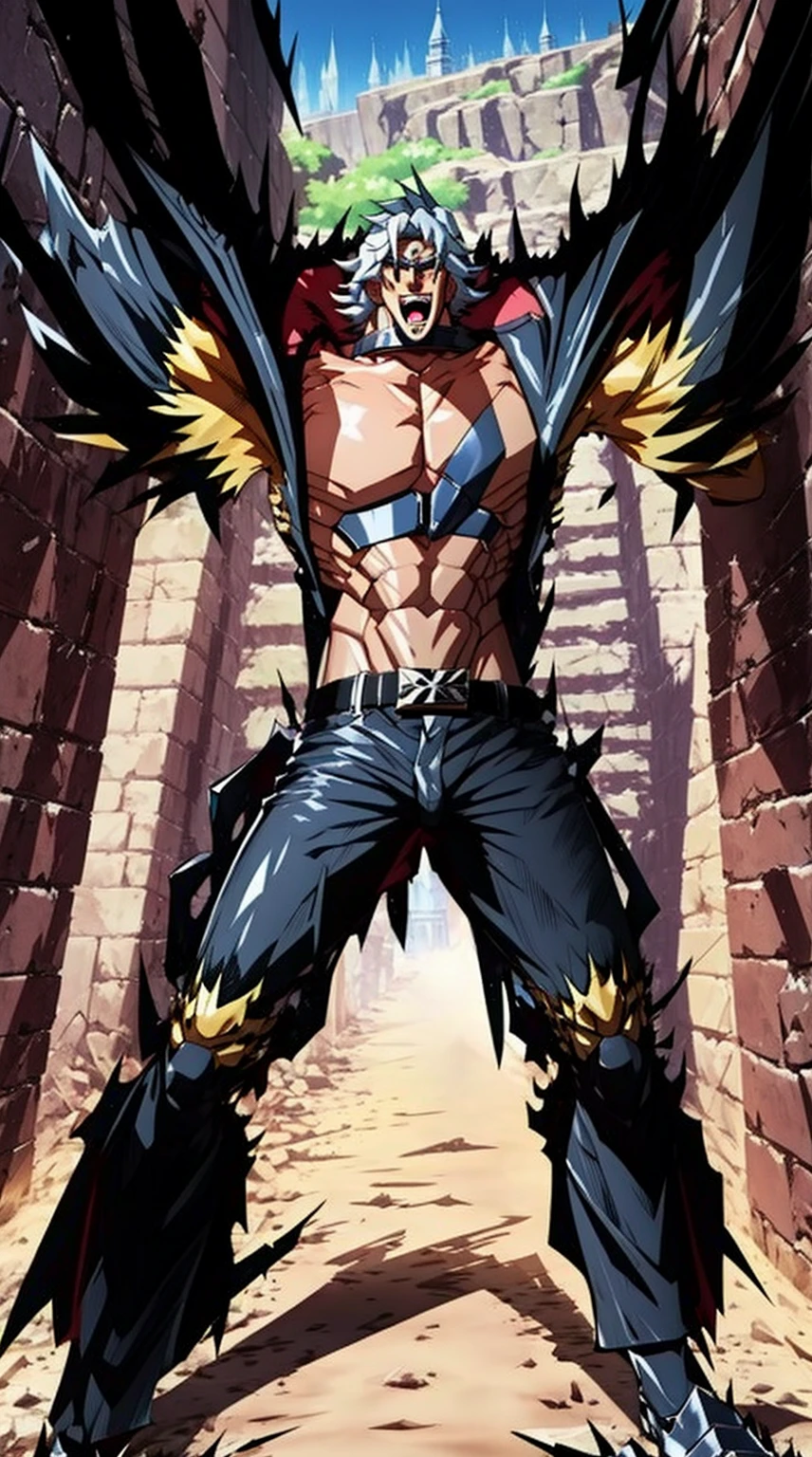 masterpiece, adam blade76, black jacked, long jacked, glasses, pants, belt, muscle, open mouth, smile, desert, sun, tower, full body, feet,refsheet, full armor knight, hammer holding