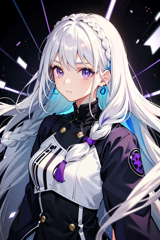 1girl, white hair, side_braid long wavy hair, multi colored hair, purple eyes, blue earrings, forehead shown, no bang hair, mask on head, sidelighting, light particles, wallpaper,