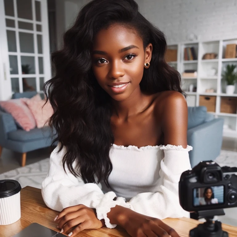 pretty melanin girl wearing white at her home studio Youtube vloger style photo,hands on the table