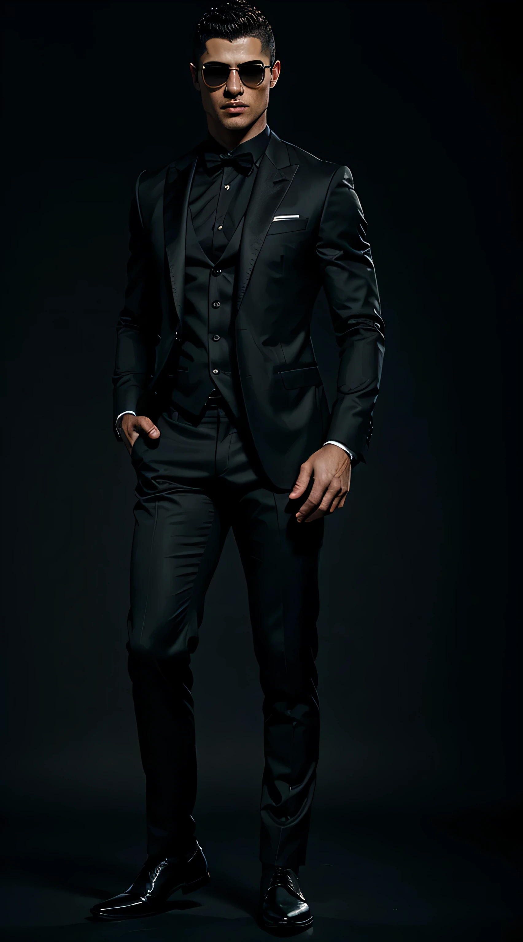 em um fundo preto, cristiano ronaldo is standing, he is wearing sunglasses and a black suit ((corpo inteiro):1.5). 16k, UHD, best possible quality, ultra detalhado, best possible resolution, Motor Unreal 5, fotografia profissional, Dedos bem detalhados, Very detailed hand, perfeito_Hands