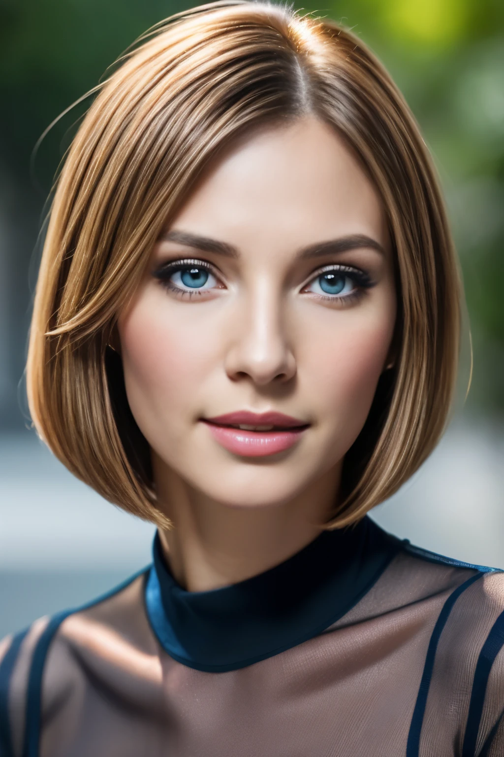masutepiece, Best Quality, Photorealsitic, Ultra-detailed, finely detail, hight resolution, in 8K, bionde, One 30-year-old woman, stylish bob haircut, perfect hand, perfect hand指, A detailed face, Detailed lips, Detailed nose, detailed skin textures, see-through blue dress,