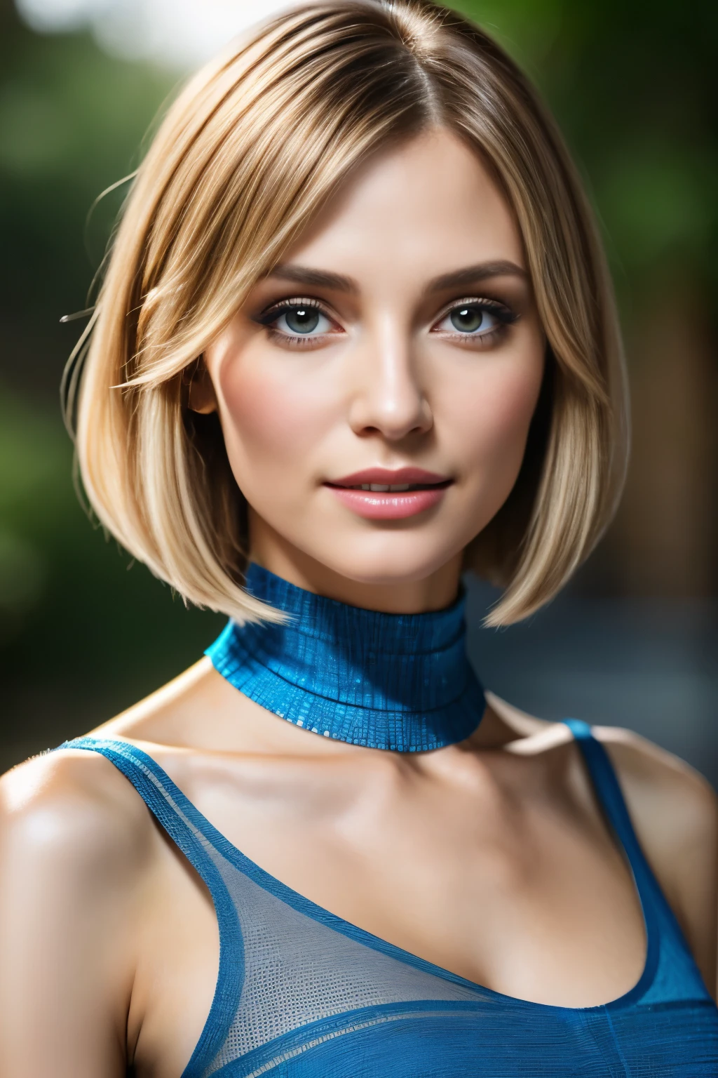 masutepiece, Best Quality, Photorealsitic, Ultra-detailed, finely detail, hight resolution, in 8K, bionde, One 30-year-old woman, stylish bob haircut, perfect hand, perfect hand指, A detailed face, Detailed lips, Detailed nose, detailed skin textures, see-through blue dress,
