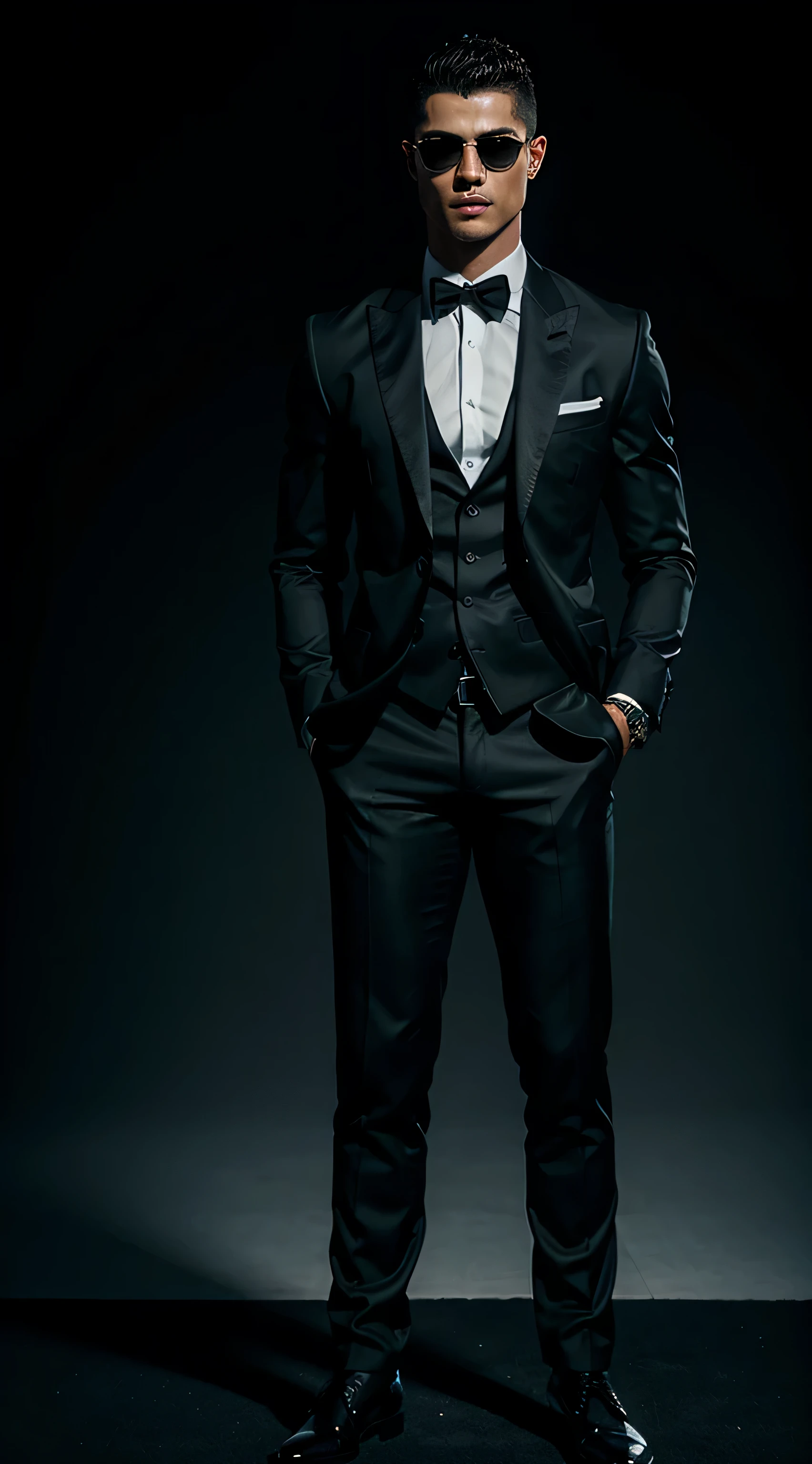 em um fundo preto, cristiano ronaldo is standing, he is wearing sunglasses and a black suit ((corpo inteiro):1.5). 16k, UHD, best possible quality, ultra detalhado, best possible resolution, Motor Unreal 5, fotografia profissional, Dedos bem detalhados, Very detailed hand, perfeito_Hands