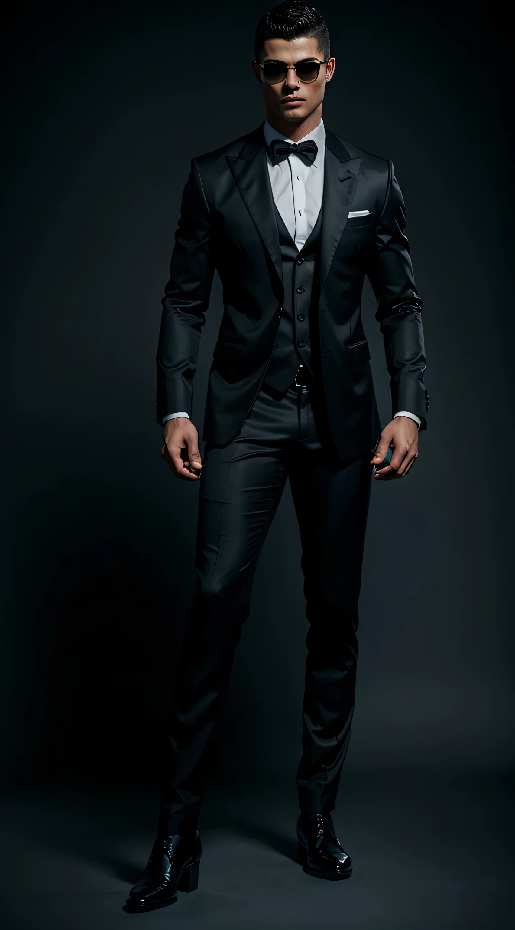 em um fundo preto, cristiano ronaldo is standing, he is wearing sunglasses and a black suit ((corpo inteiro):1.5). 16k, UHD, best possible quality, ultra detalhado, best possible resolution, Motor Unreal 5, fotografia profissional, Dedos bem detalhados, Very detailed hand, perfeito_Hands