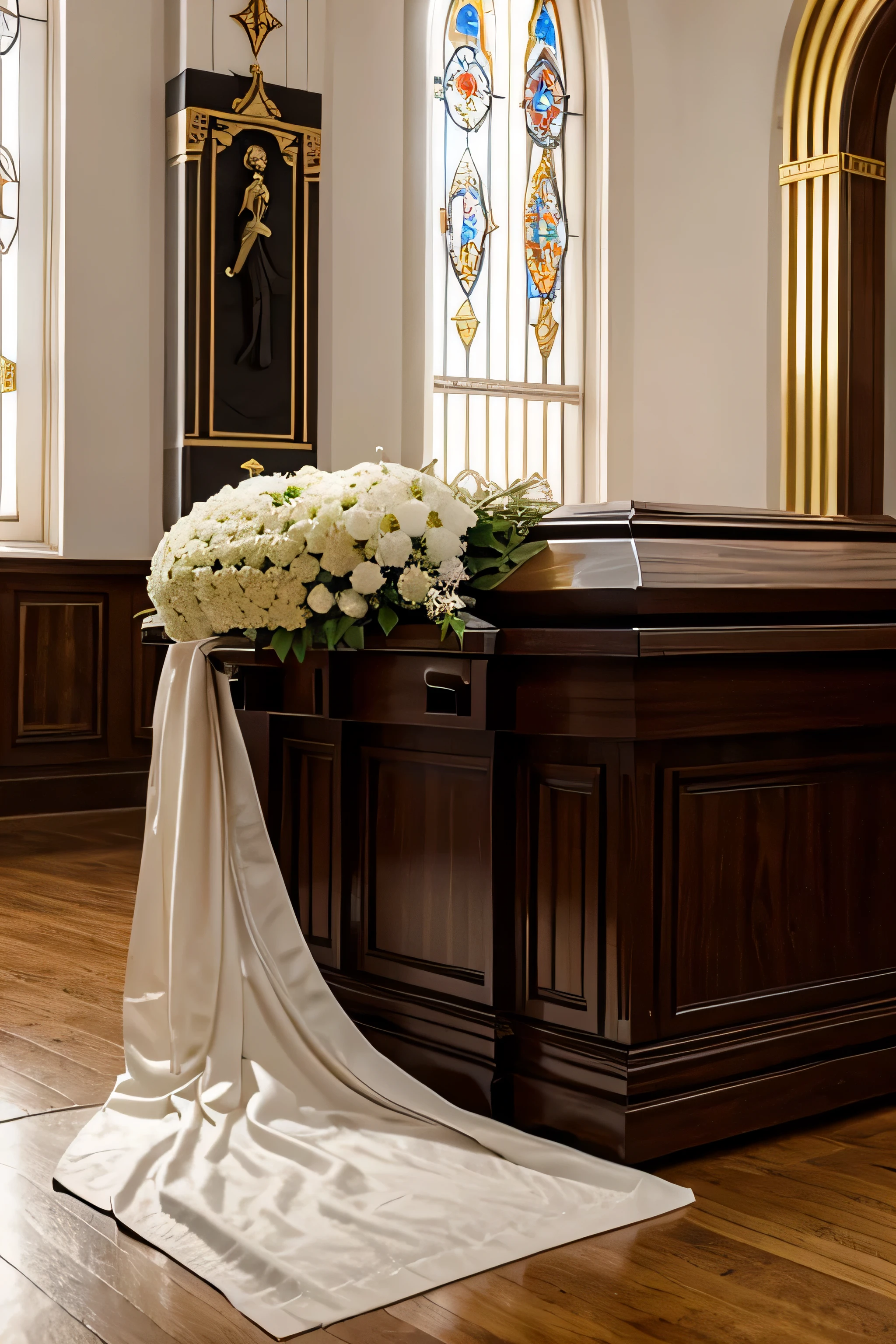 crear una corona de flores en un pedestal para funeral, de fondo, una sala velatoria con un ataud elegante, la sala velatoria de color blanco con acabados de madera, iluminacion calida y  funeral en una sala velatoria y 2 ventanales, con un cristo de fondo en un pedestal