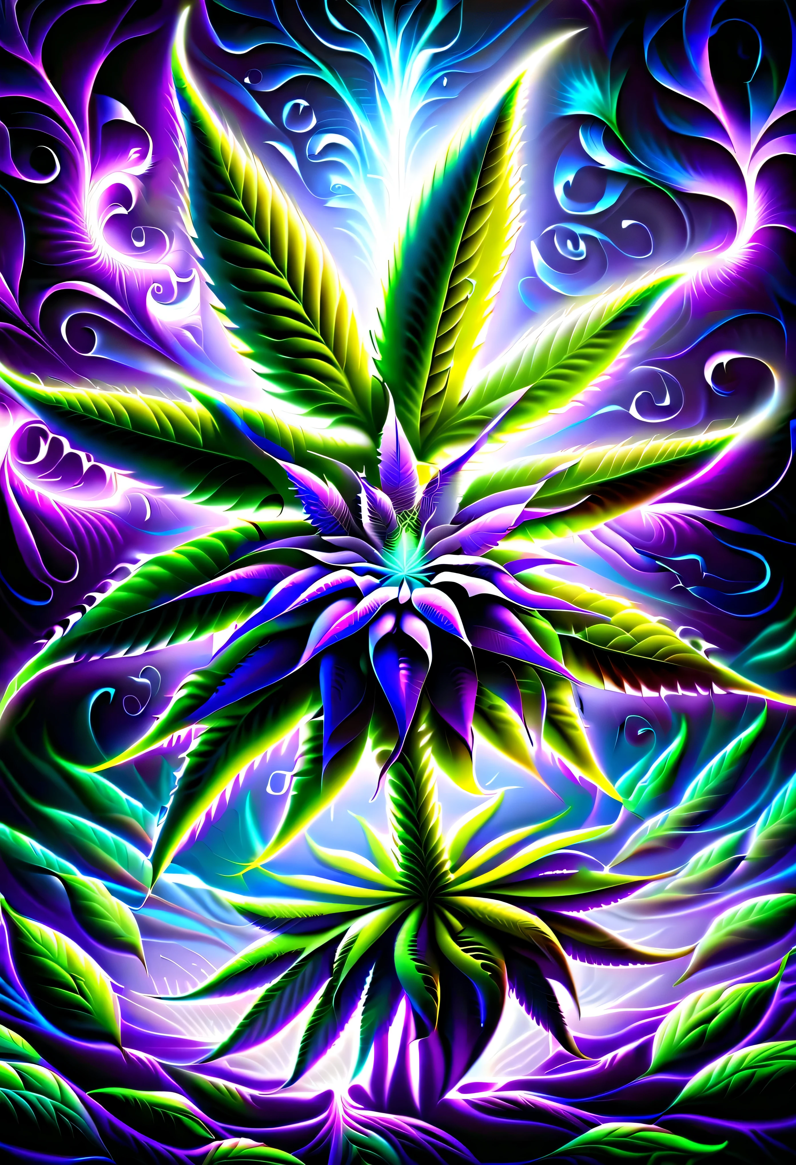 pintura cgi abstrata, epic surreal cannabis flower, divino, plantas de fantasia sombria, beauty glow neuron fruit, flores bioluminescentes ao redor, mundo escuro do mundo maravilhoso, bioluminescent radiation, many cannabis flowers have a vision, vision of many cynicisms, loucura, frenesi, flor louca, Arrebatamento, brilho do fanatismo, oil painting, spatula and brush strokes supplement, intrincado, maluco, brilho de beleza assustador, alto contraste, profundidade do mar inspirada, cores escuras ricas, high resolution, hyper realistic, trabalho de pincel de detalhe, stunning intrincado detail 8k rendering, alta qualidade, Qualidade Superior, best quality, verdadeira obra-prima, masterpiece lighting, cinematic angle, glass floor, (cannabis flower), (lots of neon purple smoke)