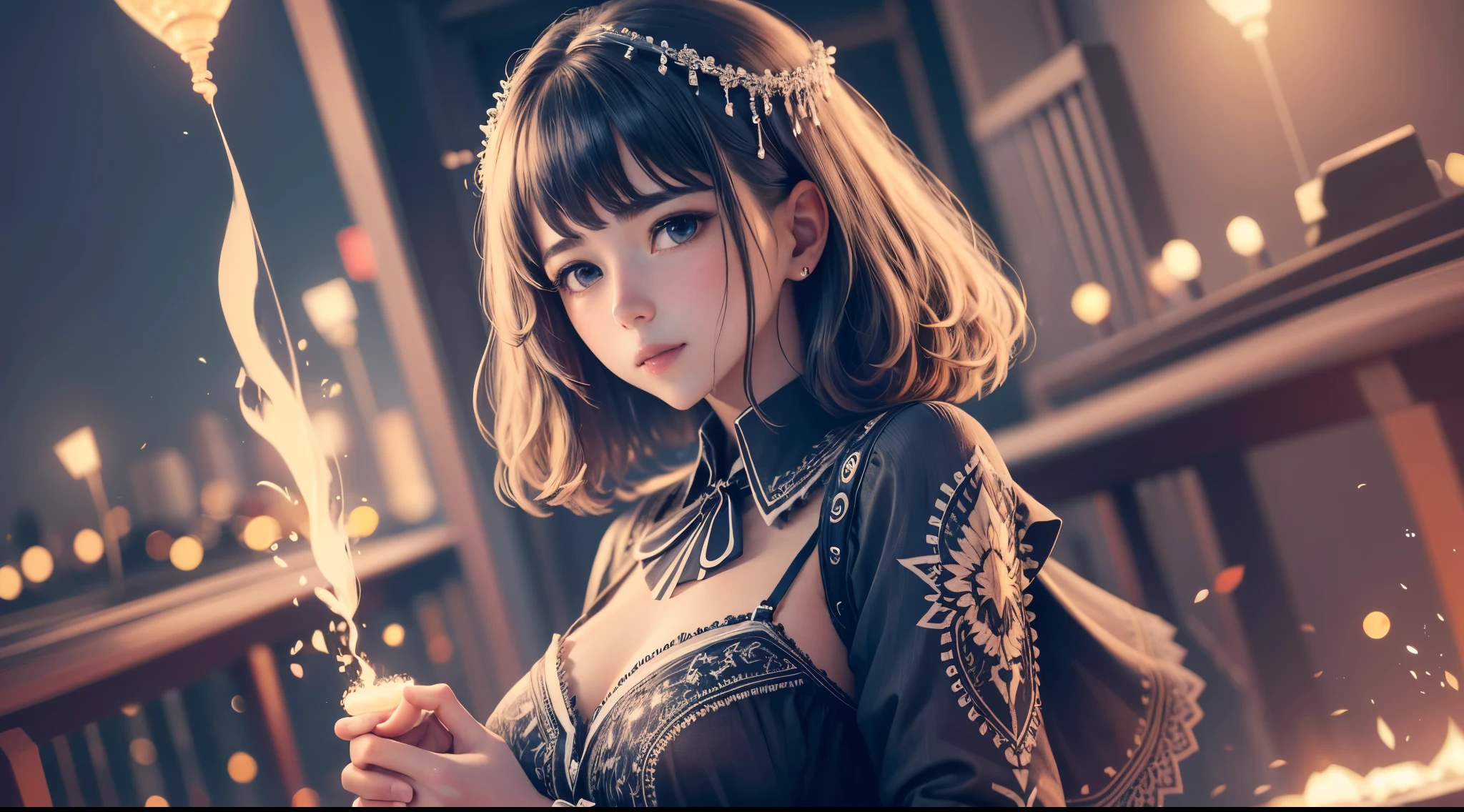 (8K, Best quality at best, tmasterpiece:1.2), (actual, photo-actual:1.37), ultra - detailed, 1 girl,cute big breasts, Alone,beautiful detailed sky,Detailed café,the night,sitted,dated,(nose blushing),(ssmile:1.15),(Keep your mouth shut) small, 美丽细致的眼睛,(collared shir:1.1), the night, Wet with,Professional Dress, Sateen,white lace chemise, (short detailed hair:1.2),Floating NovaFrogStyle, --auto --s2