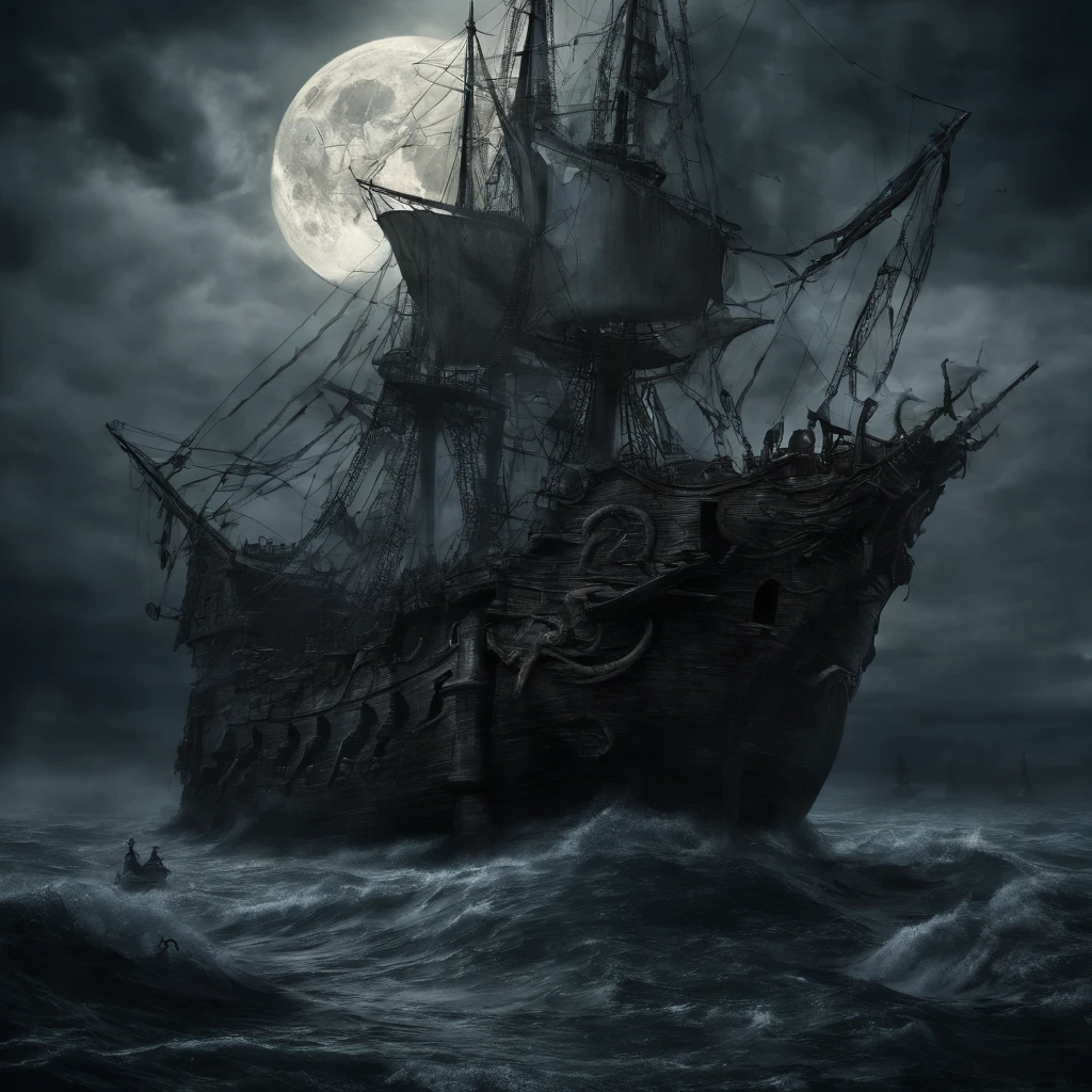 (Best Quality, 8K, Masterpiece, Ultra HD: 1.3, Huge detail, hyper realistic, epic scale, insane level of details), ((a giant evil octopus crawls along the board of a pirate carrack):1.2), remains of a shipwreck, night, very big moon, lighthouse, beam of light from the lighthouse, tense atmosphere