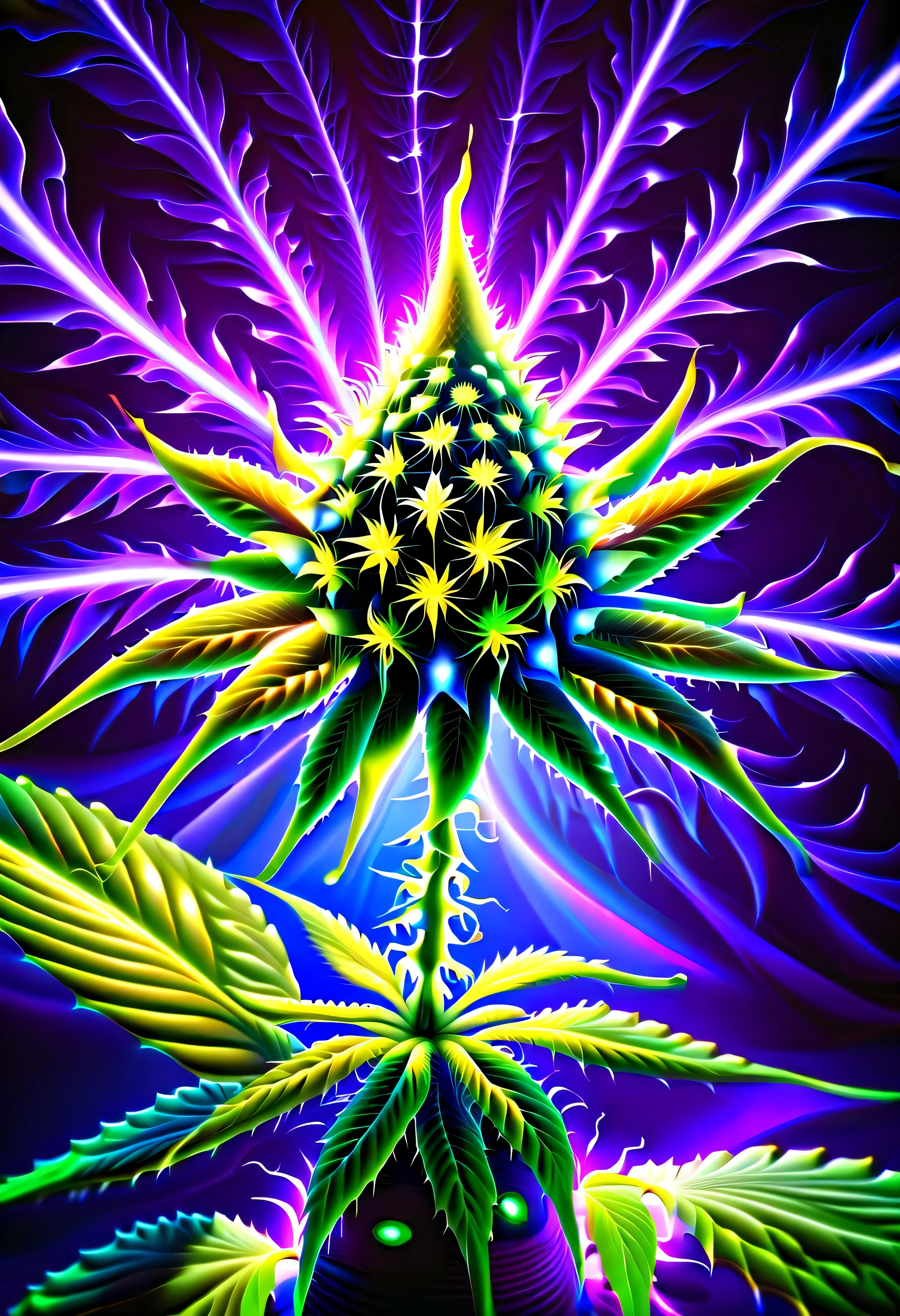 pintura cgi abstrata, epic surreal cannabis flower, divino, plantas de fantasia sombria, beauty glow neuron fruit, flores bioluminescentes ao redor, mundo escuro do mundo maravilhoso, bioluminescent radiation, many cannabis flowers have a vision, vision of many cynicisms, loucura, frenesi, flor louca, Arrebatamento, brilho do fanatismo, oil painting, spatula and brush strokes supplement, intrincado, maluco, brilho de beleza assustador, alto contraste, profundidade do mar inspirada, cores escuras ricas, high resolution, hyper realistic, trabalho de pincel de detalhe, stunning intrincado detail 8k rendering, alta qualidade, Qualidade Superior, best quality, verdadeira obra-prima, masterpiece lighting, cinematic angle, glass floor, (cannabis flower), (lots of neon purple smoke)